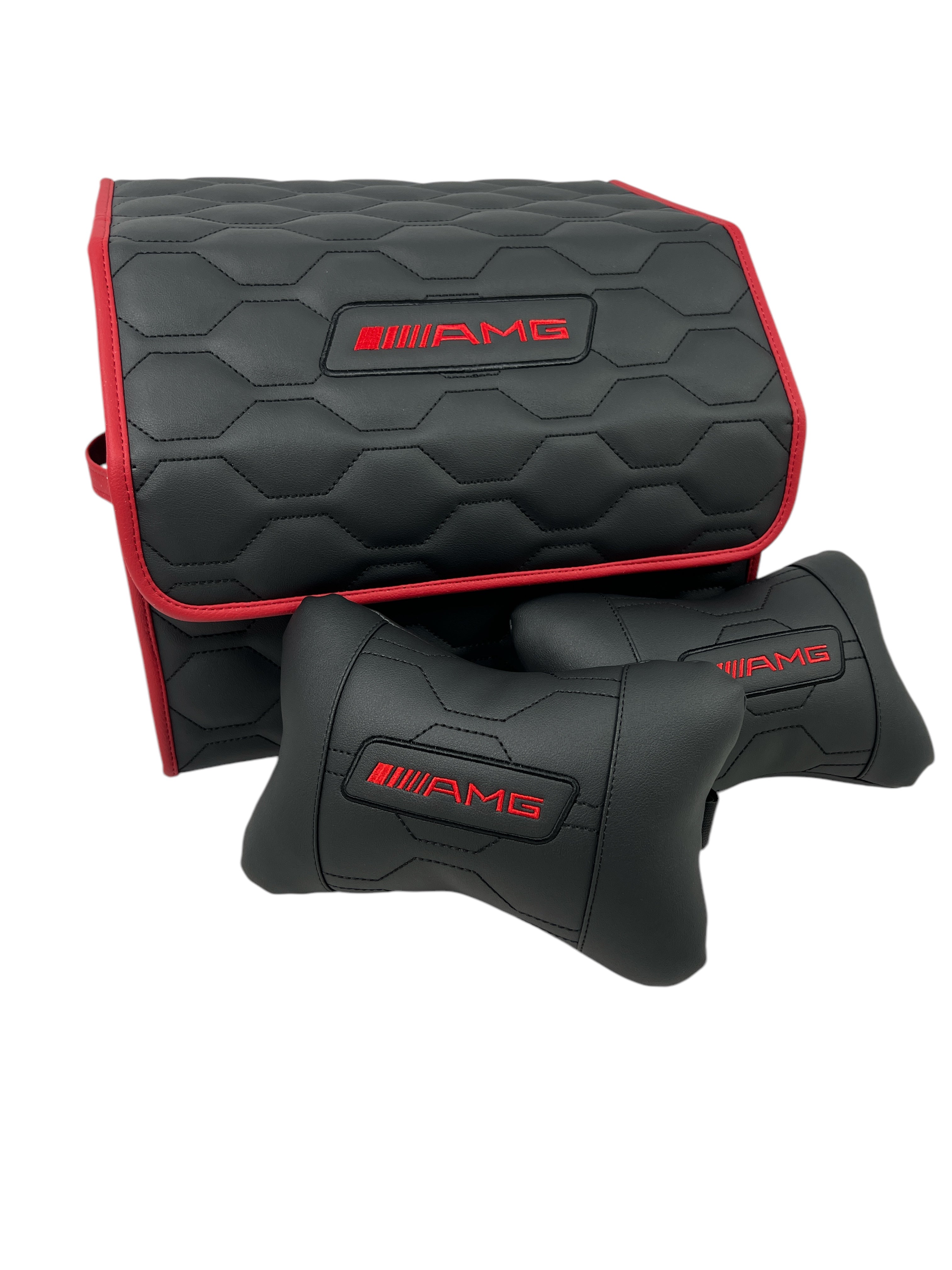 Organizer in the "Big Comb" design Total Black organizer for Mercedes Benz with red AMG embroidery + pillows as a gift