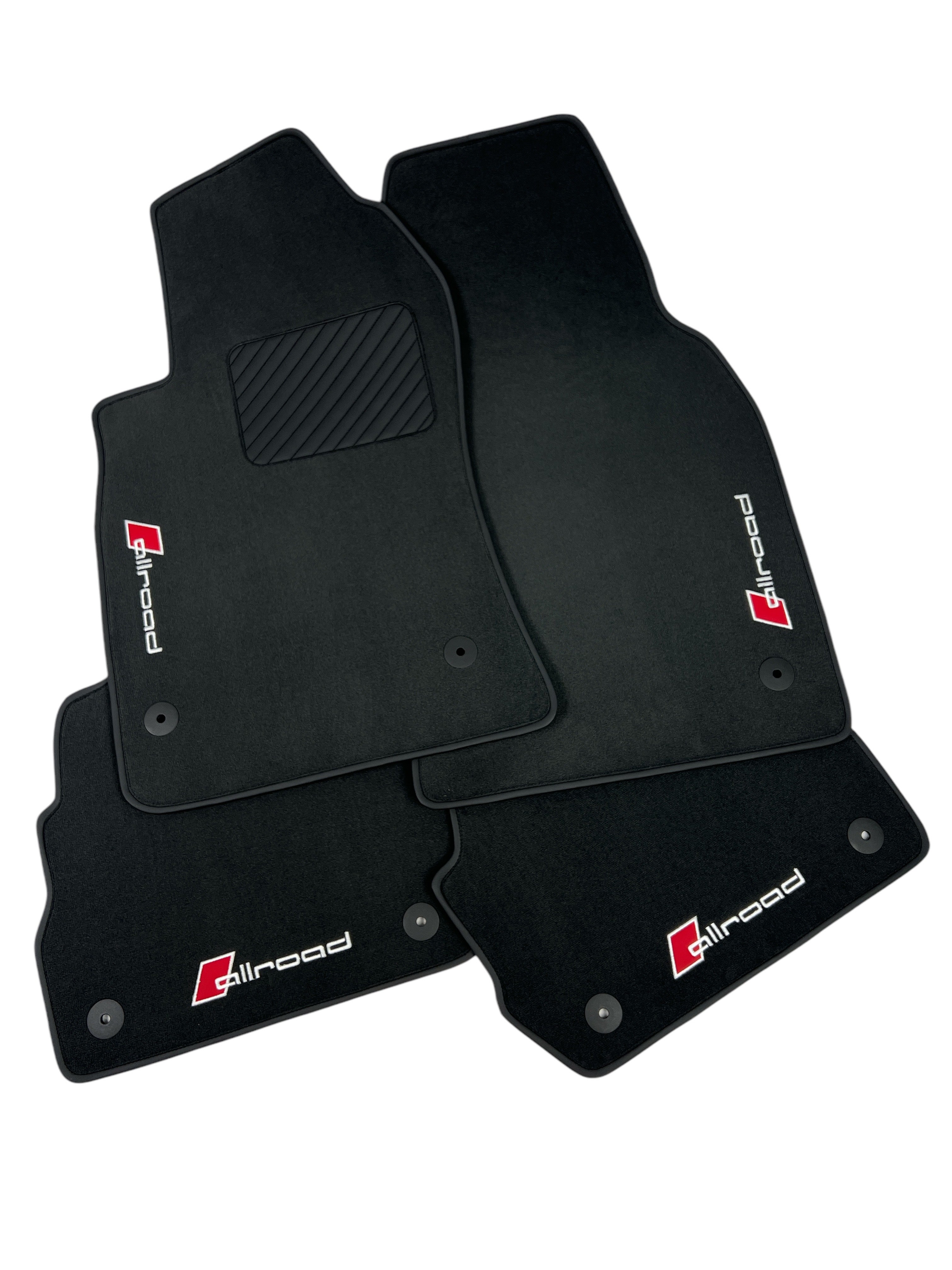 Premium custom pile mats for all Audi. Black carpets with brown edging, color number three, embroidered with the word Allroad in brown letters on black, square to be made black inside