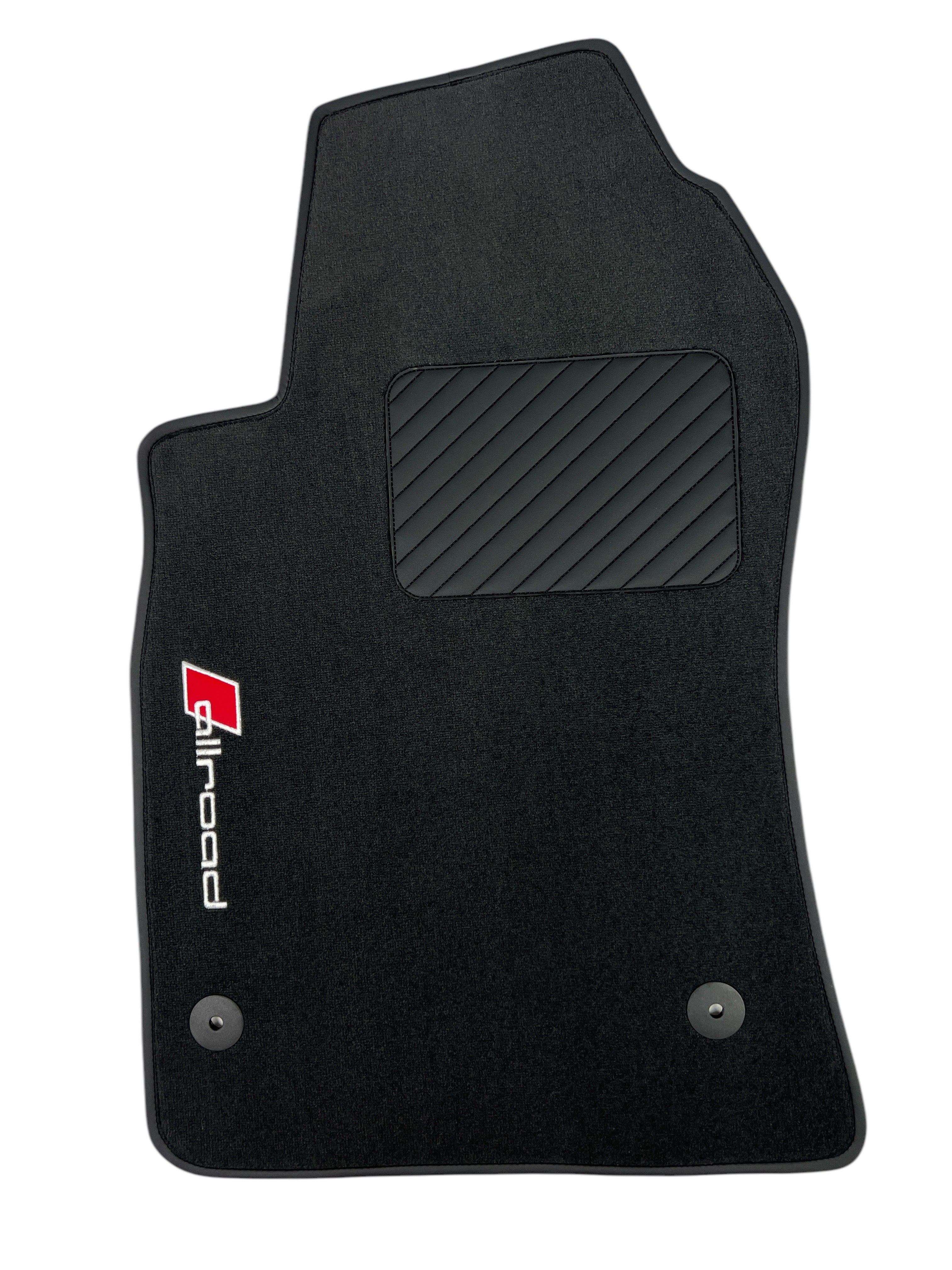 Premium custom pile mats for all Audi. Black carpets with brown edging, color number three, embroidered with the word Allroad in brown letters on black, square to be made black inside