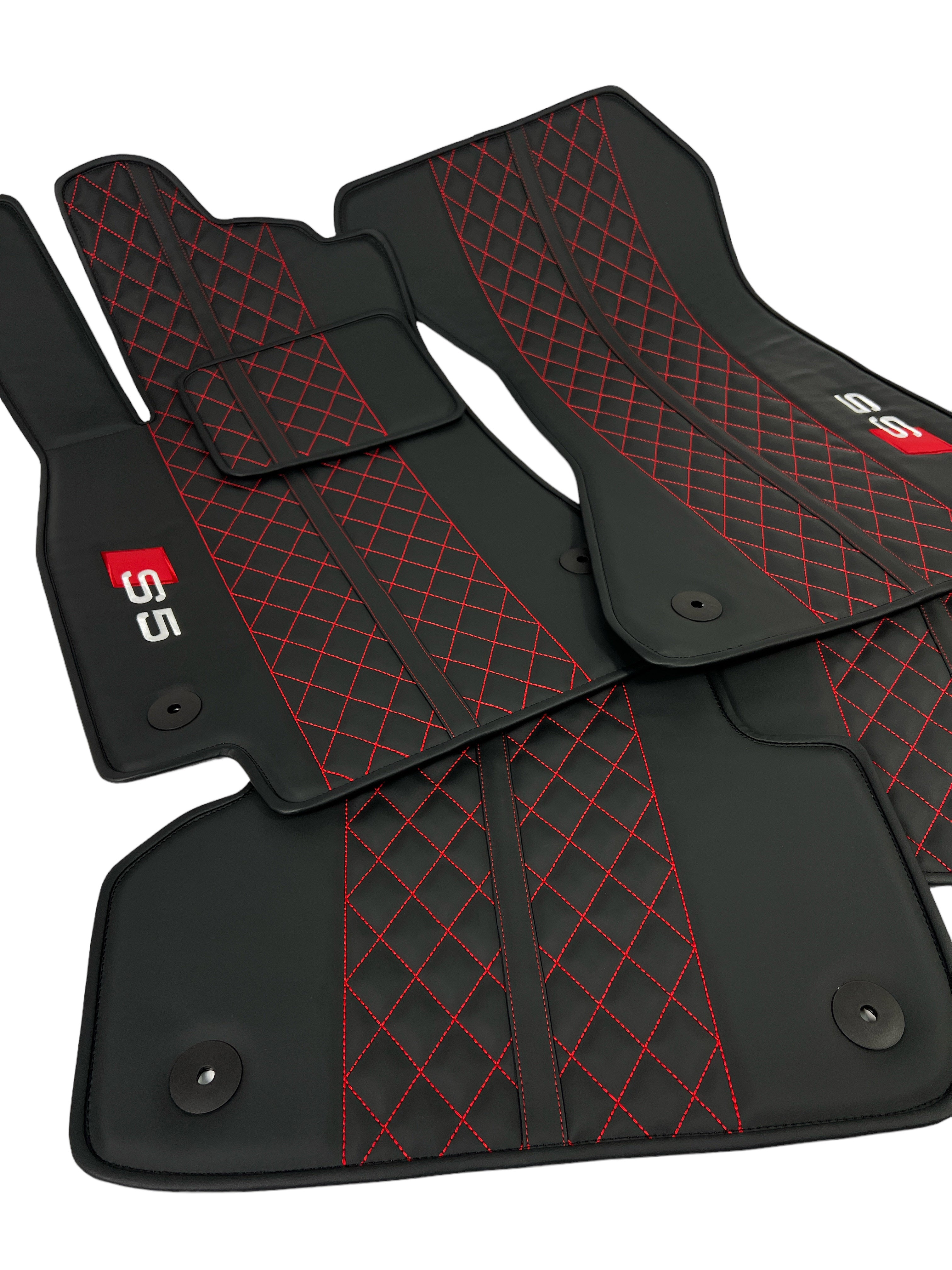 Car Floor Mats in "Highway" Design Black with Red Stitching