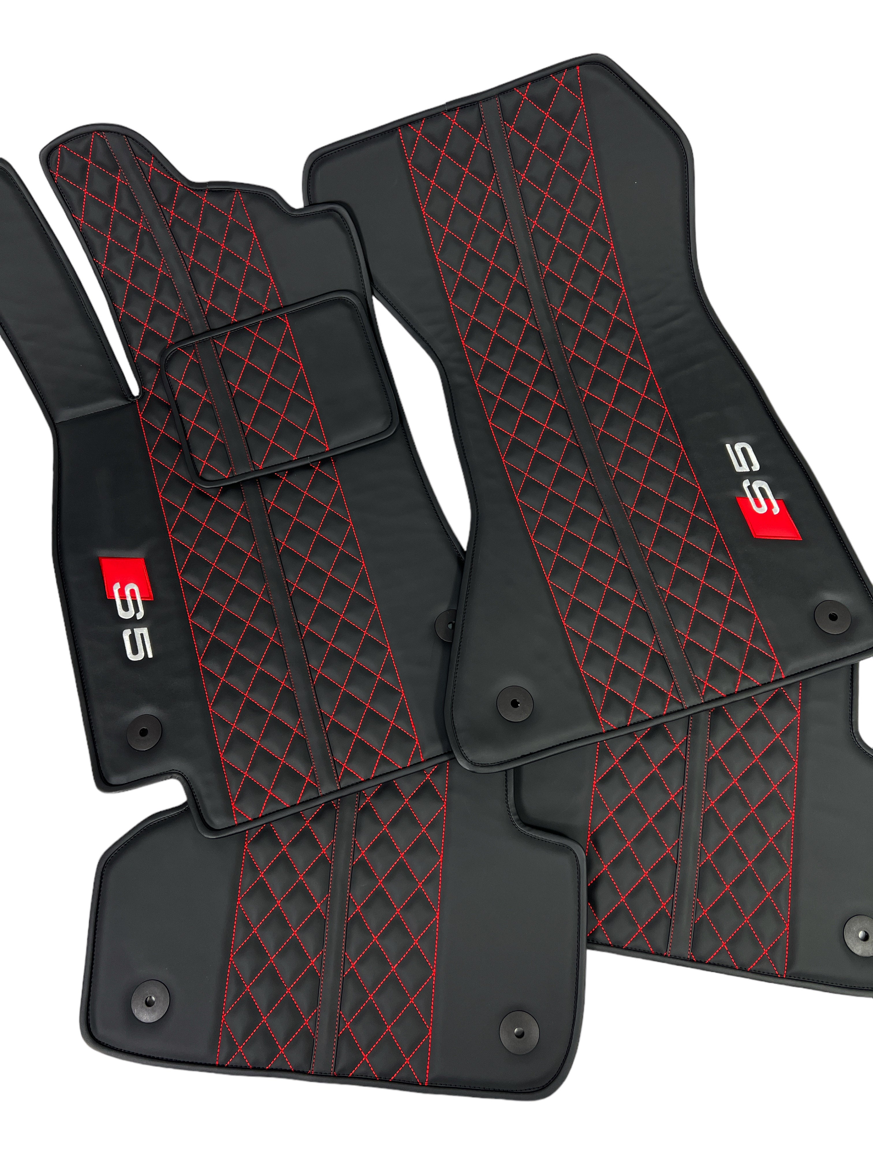 Car Floor Mats in "Highway" Design Black with Red Stitching