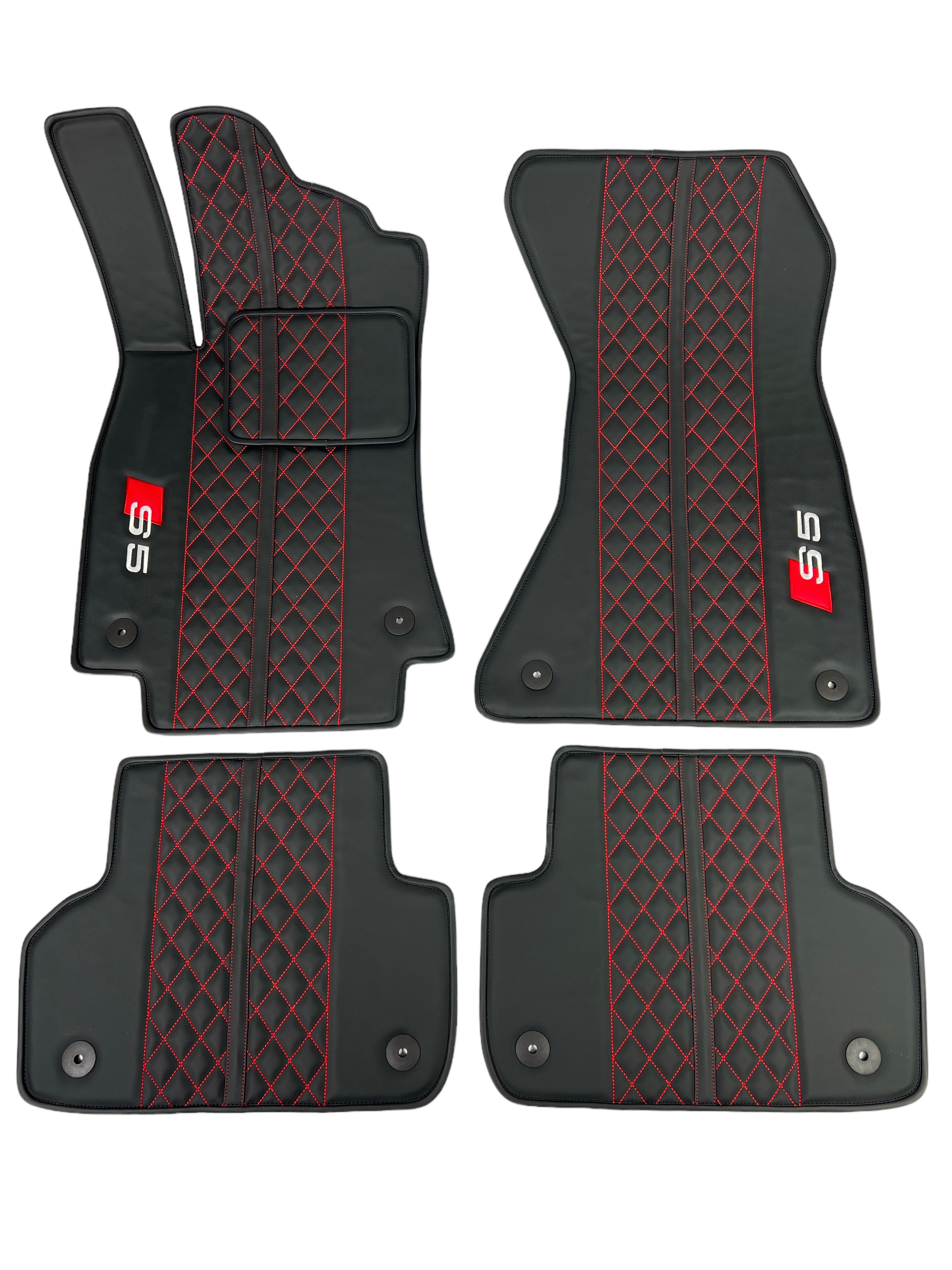 Car Floor Mats in "Highway" Design Black with Red Stitching