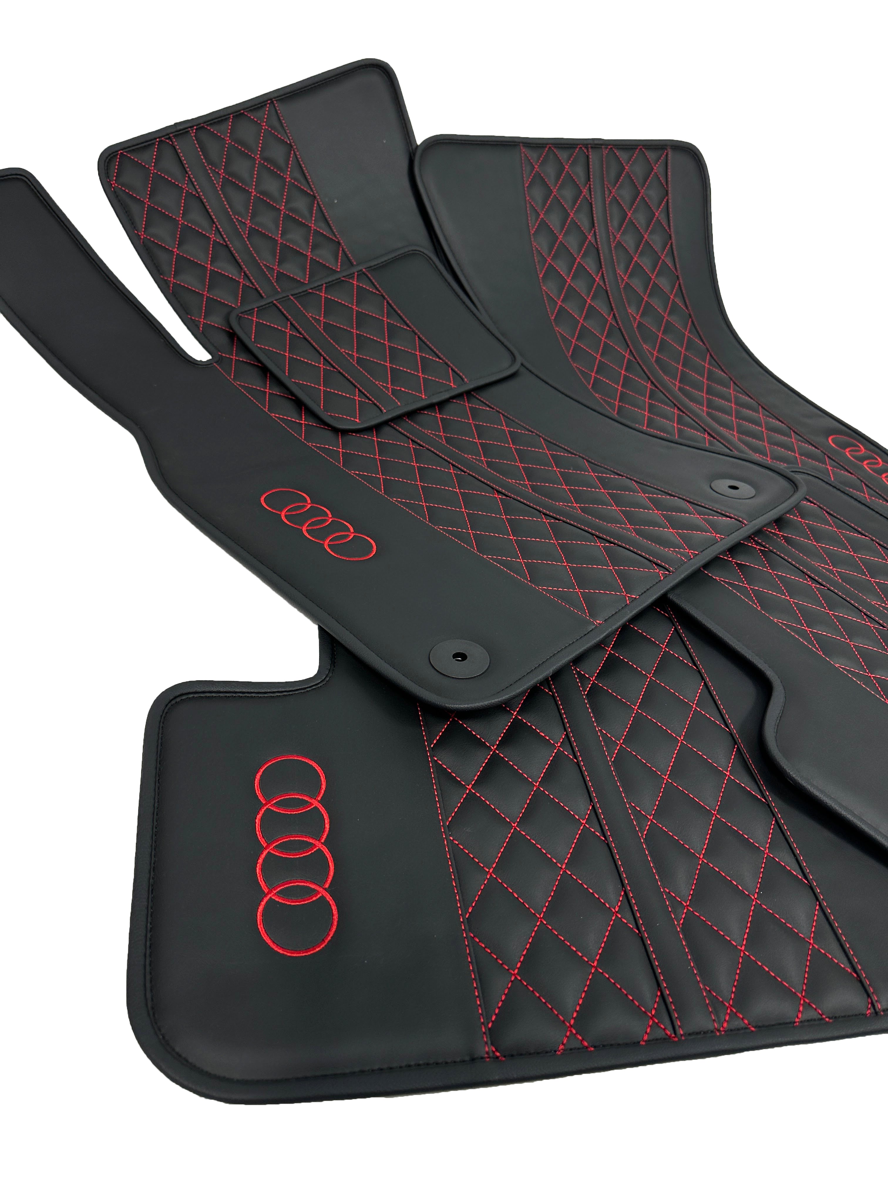 Car Floor Mats in "Highway" Design Black with Red Stitching