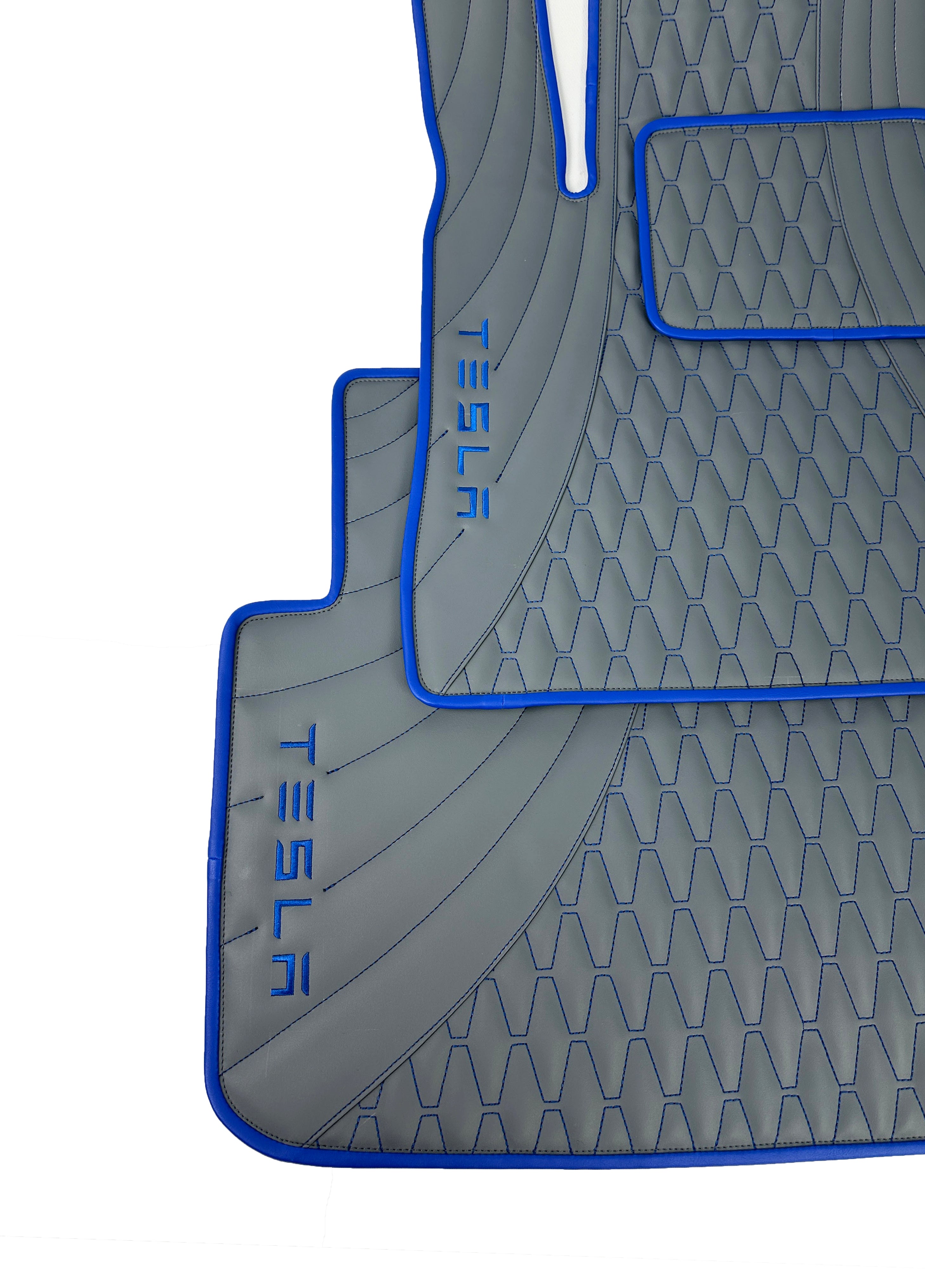 Car Floor Mats in "Figure Long Comb" Design Gray witn Blue Stitching