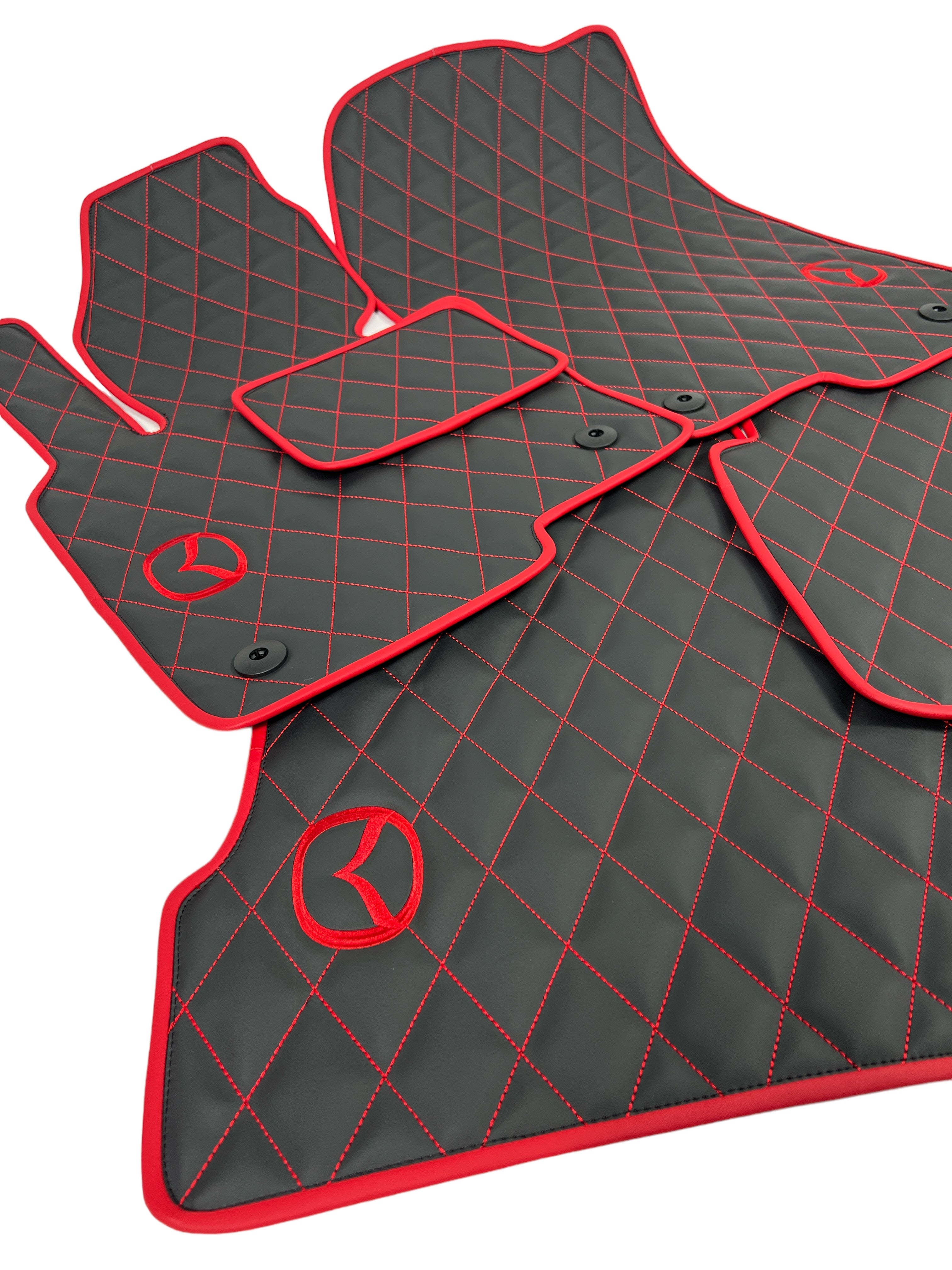 Car Floor Mats in "Rhombus" Design Black with Red Stitching and Edging