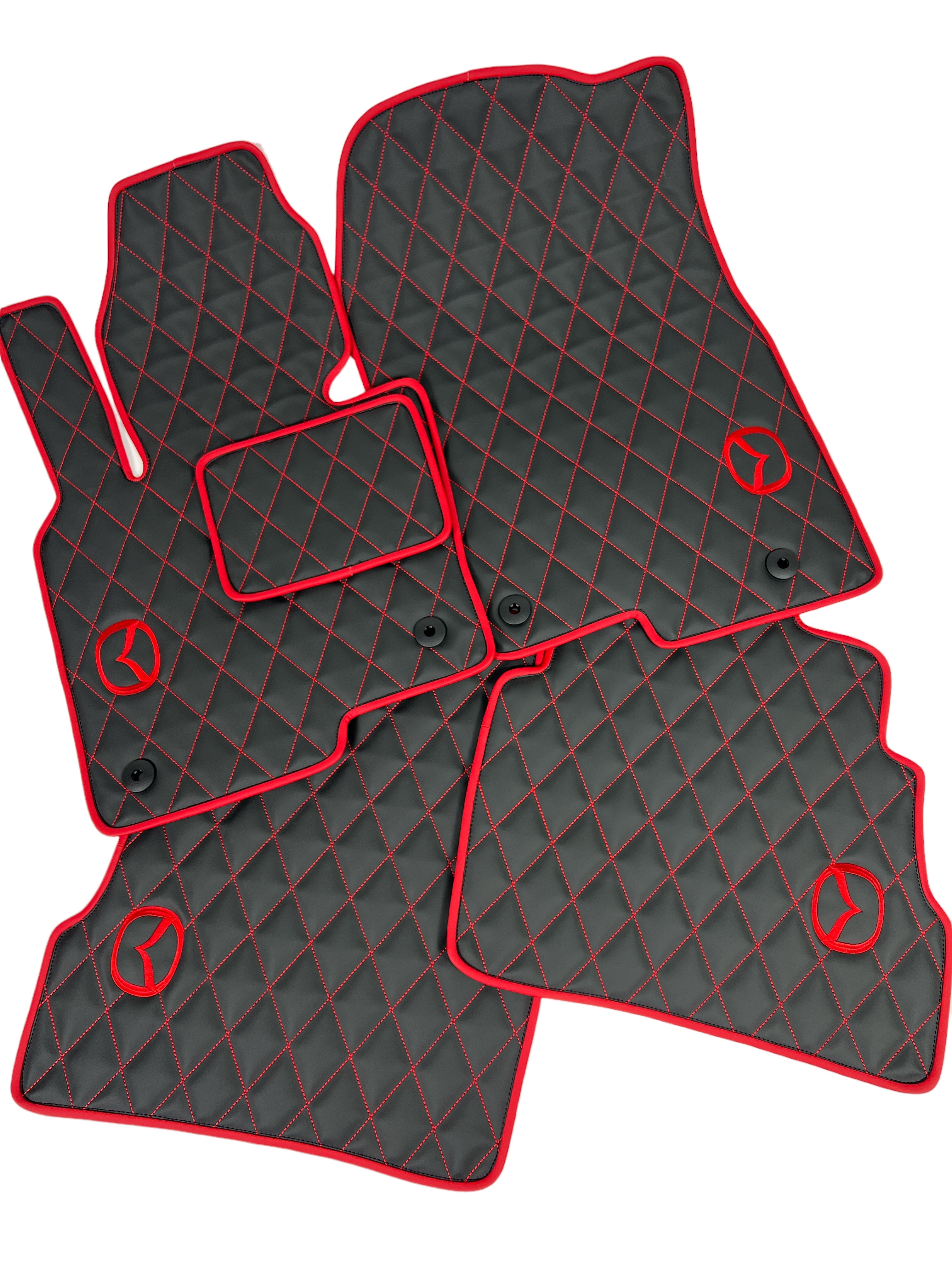 Car Floor Mats in "Rhombus" Design Black with Red Stitching and Edging