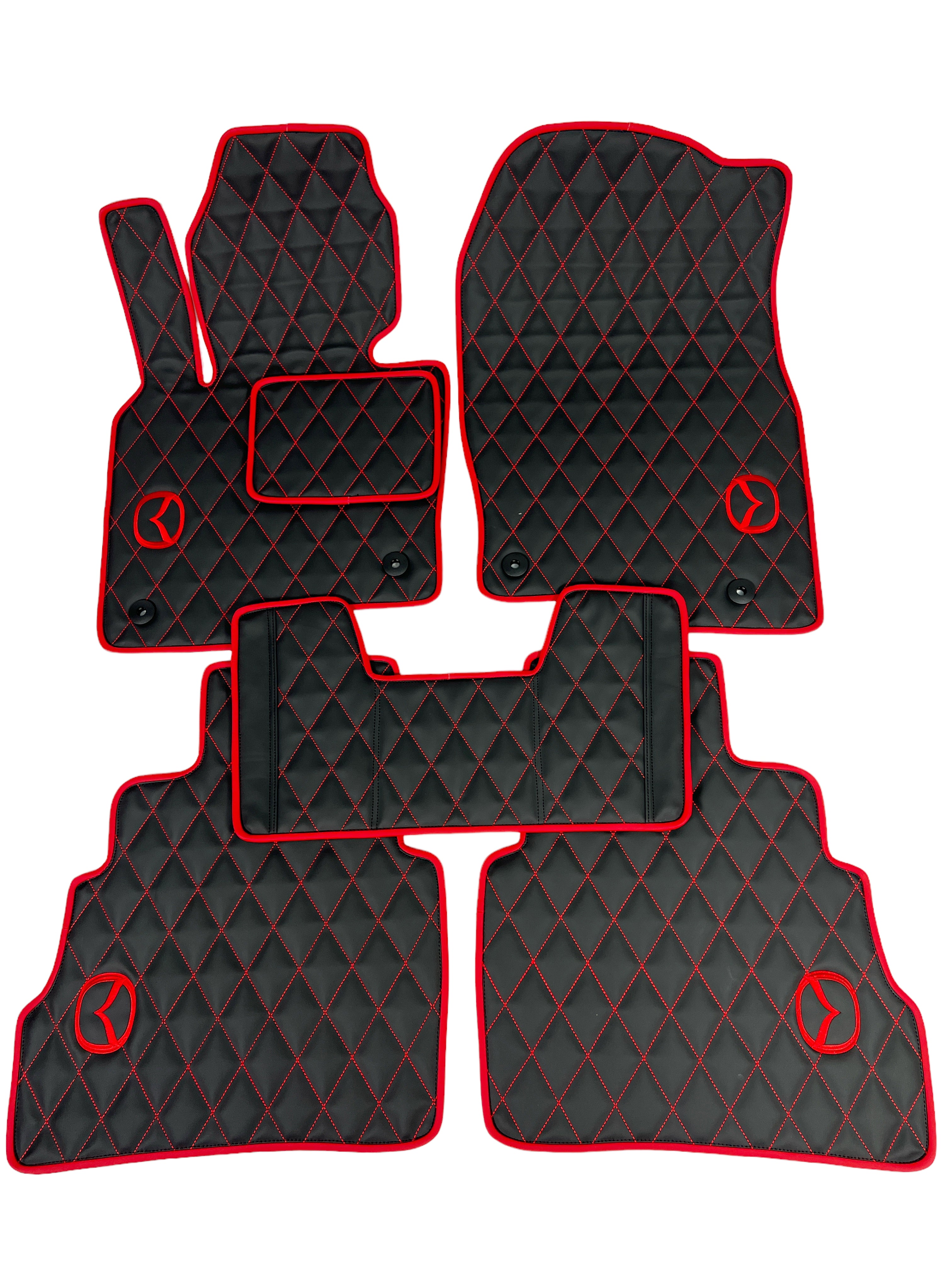 Car Floor Mats in "Rhombus" Design Black with Red Stitching and Edging