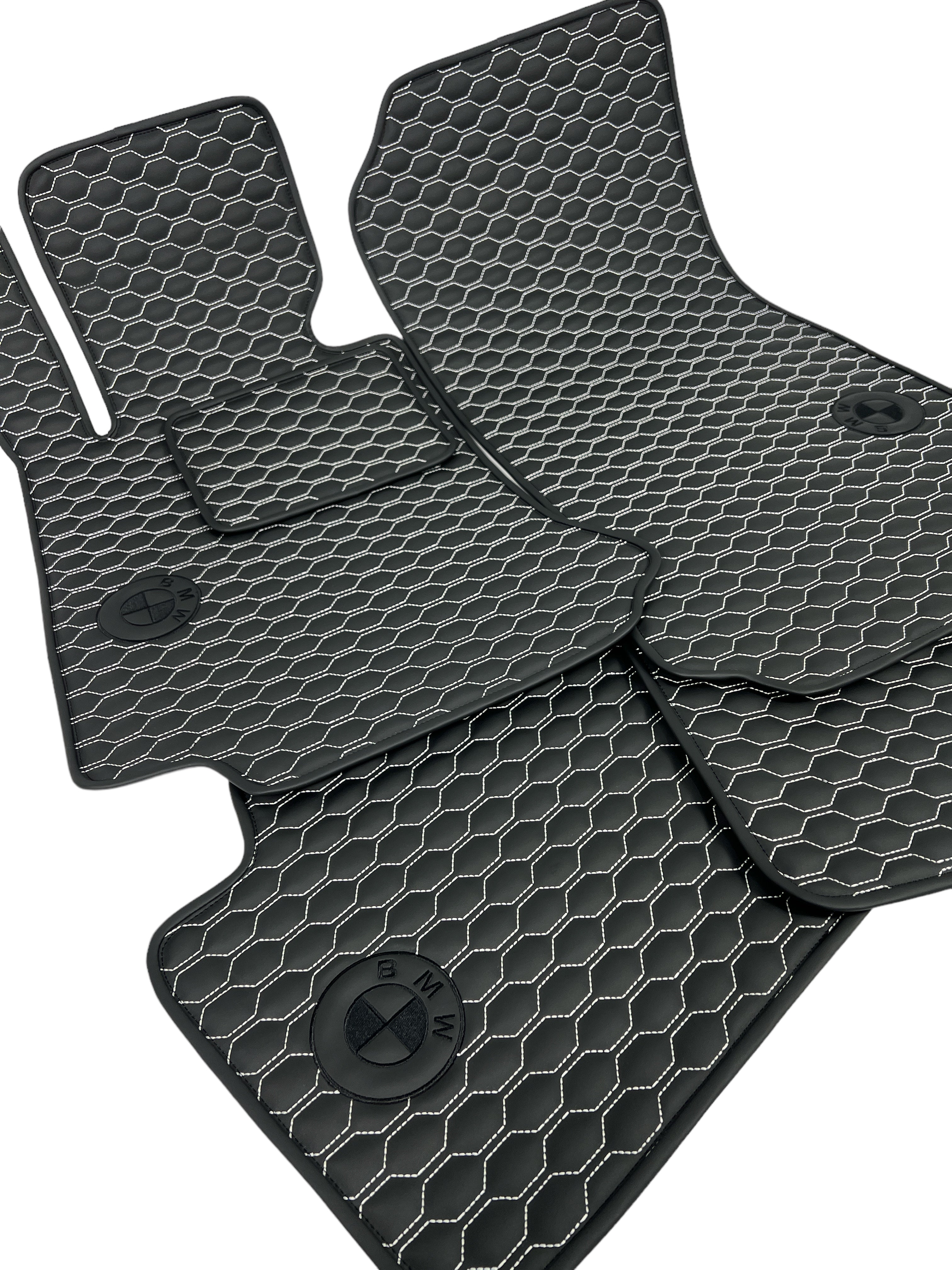 Car Floor Mats in "Small Comb" Design Black with White Stitching