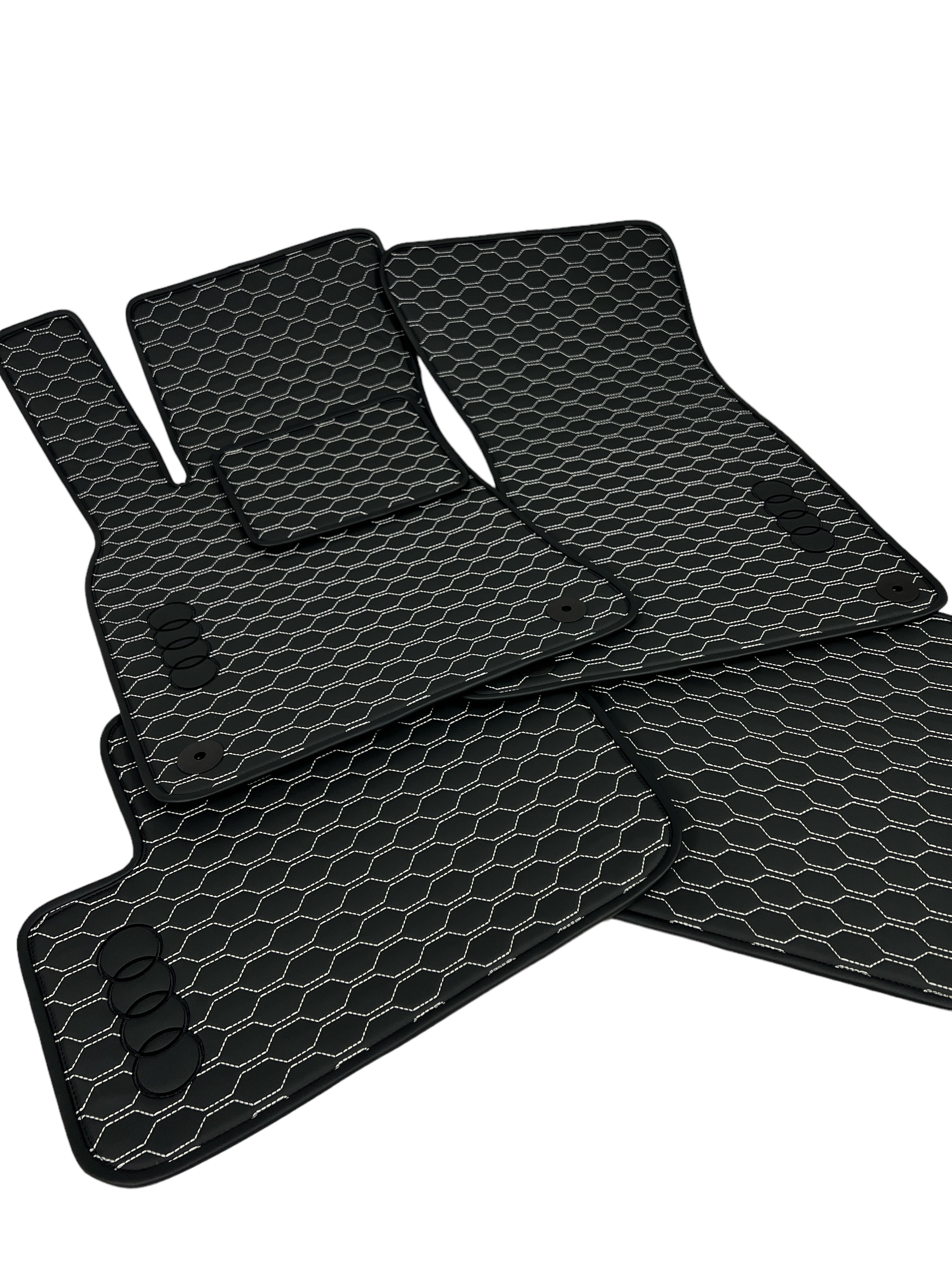 Car Floor Mats in "Small Comb" Design Black with White Stitching