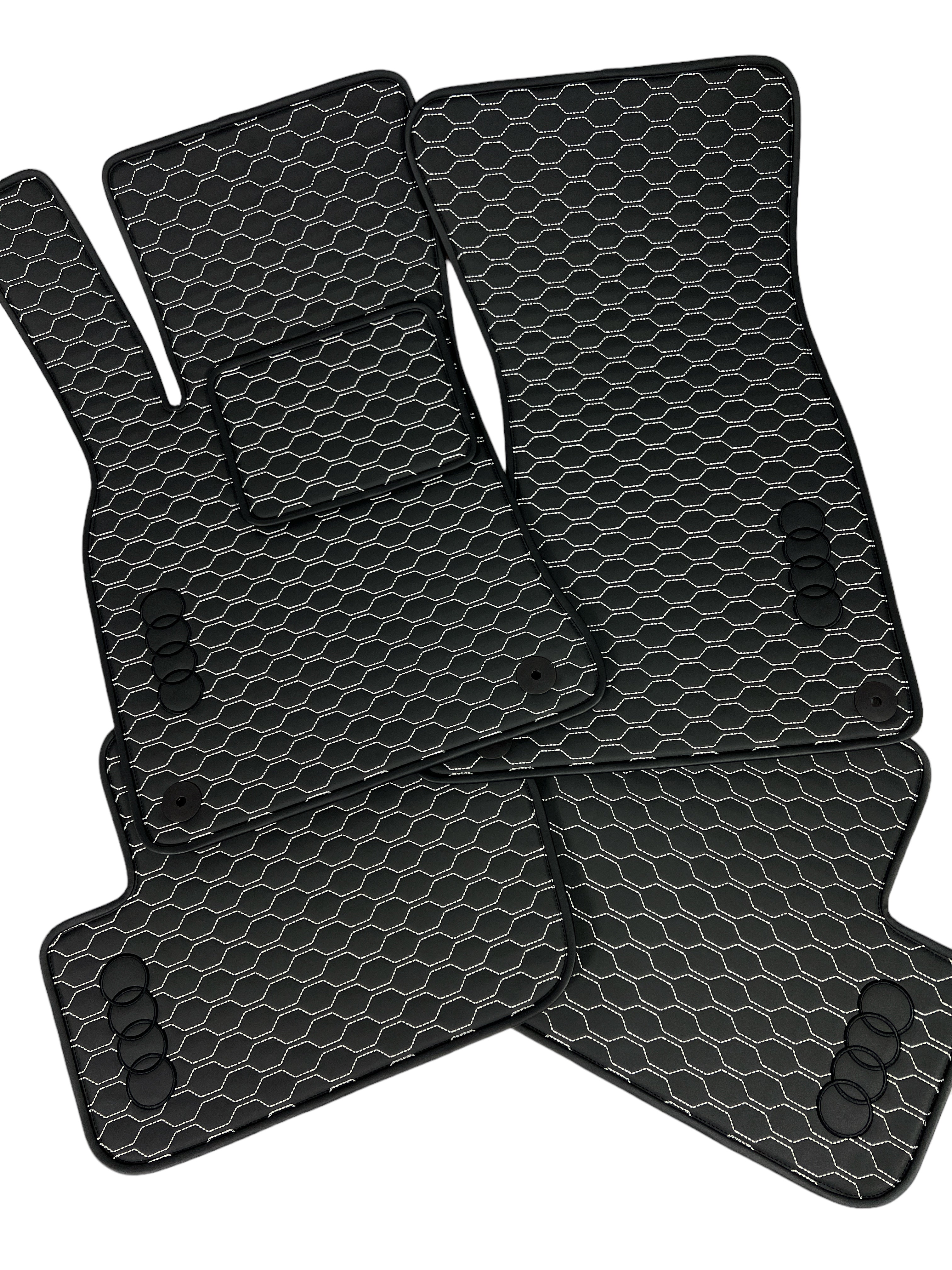 Car Floor Mats in "Small Comb" Design Black with White Stitching