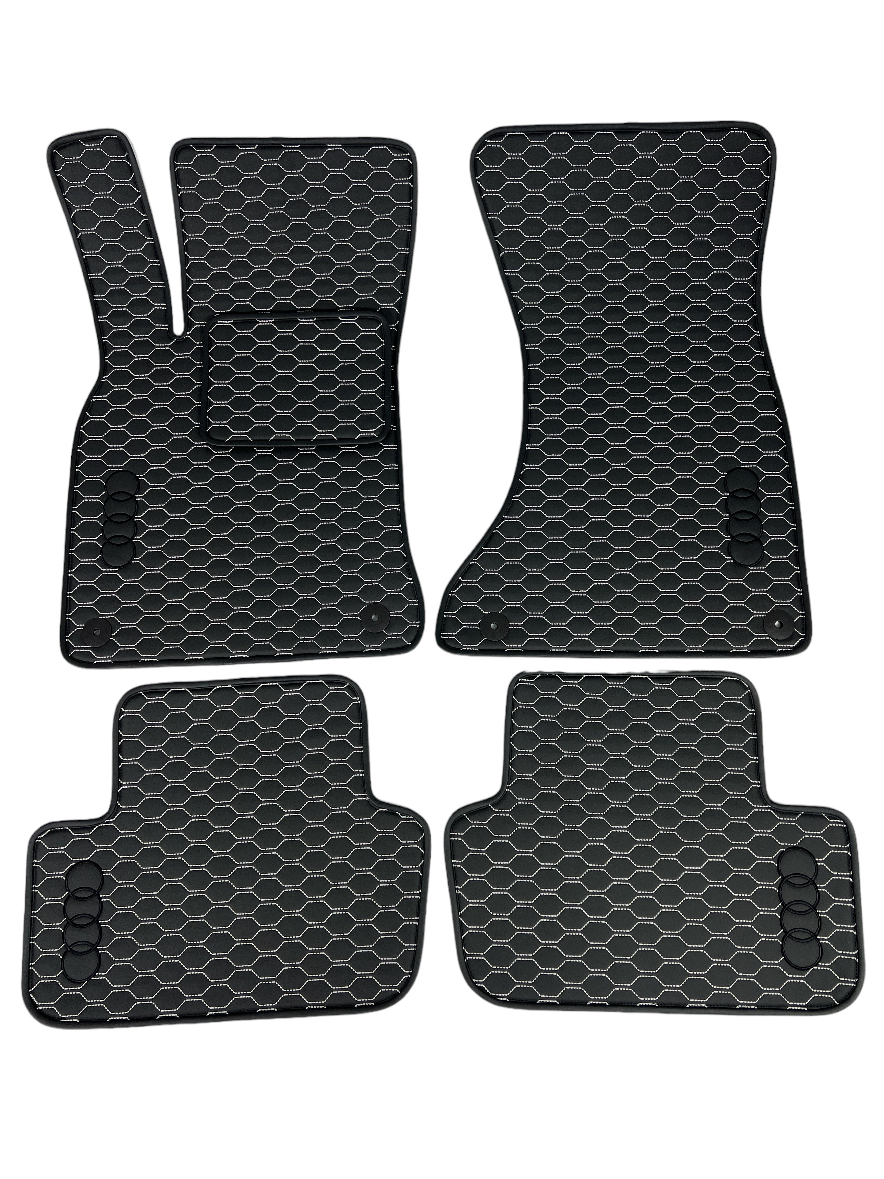 Car Floor Mats in "Small Comb" Design Black with White Stitching