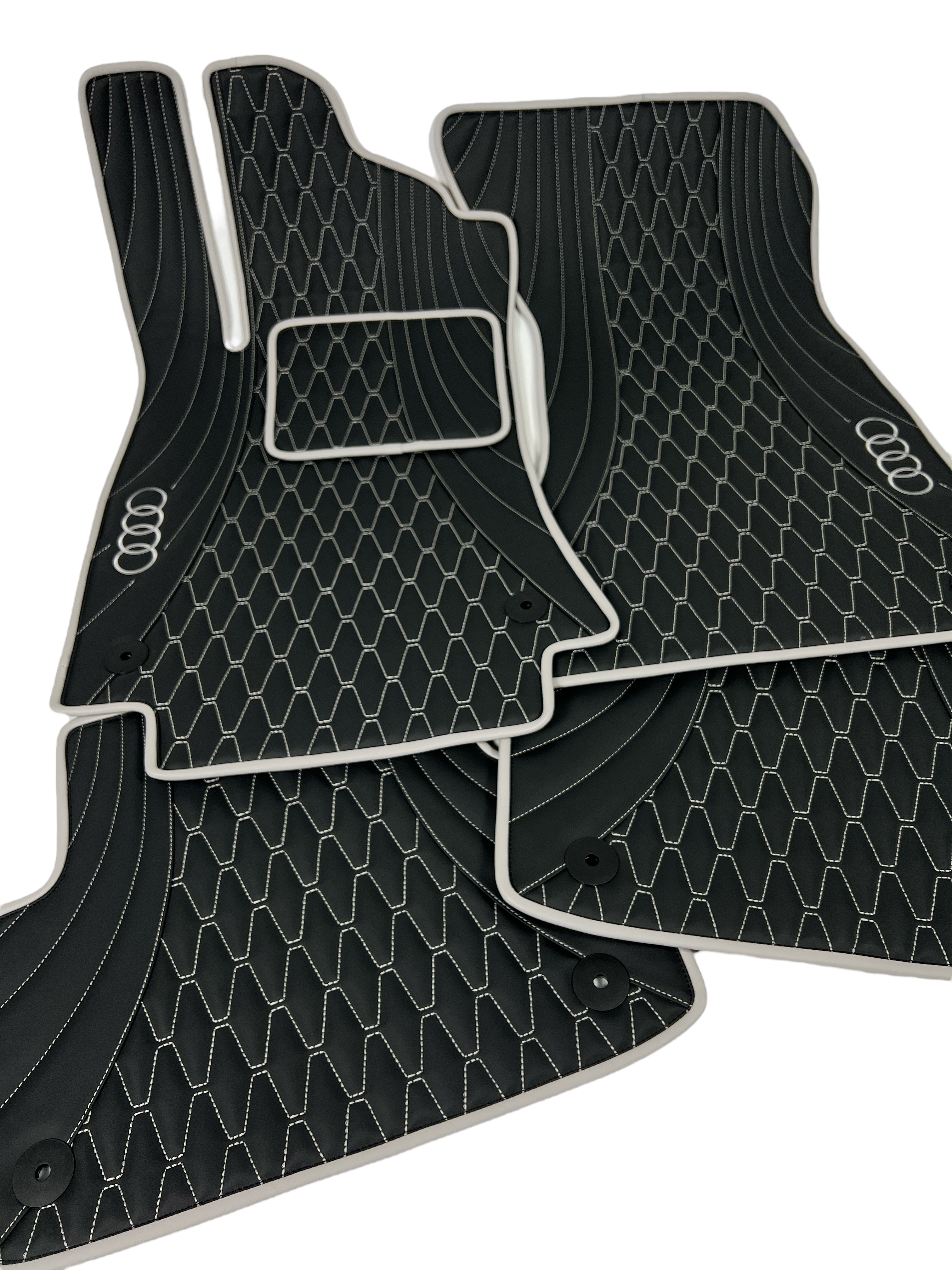 Car Floor Mats in "Figure Long Comb" Design Black with Light Gray Stitching and Edging