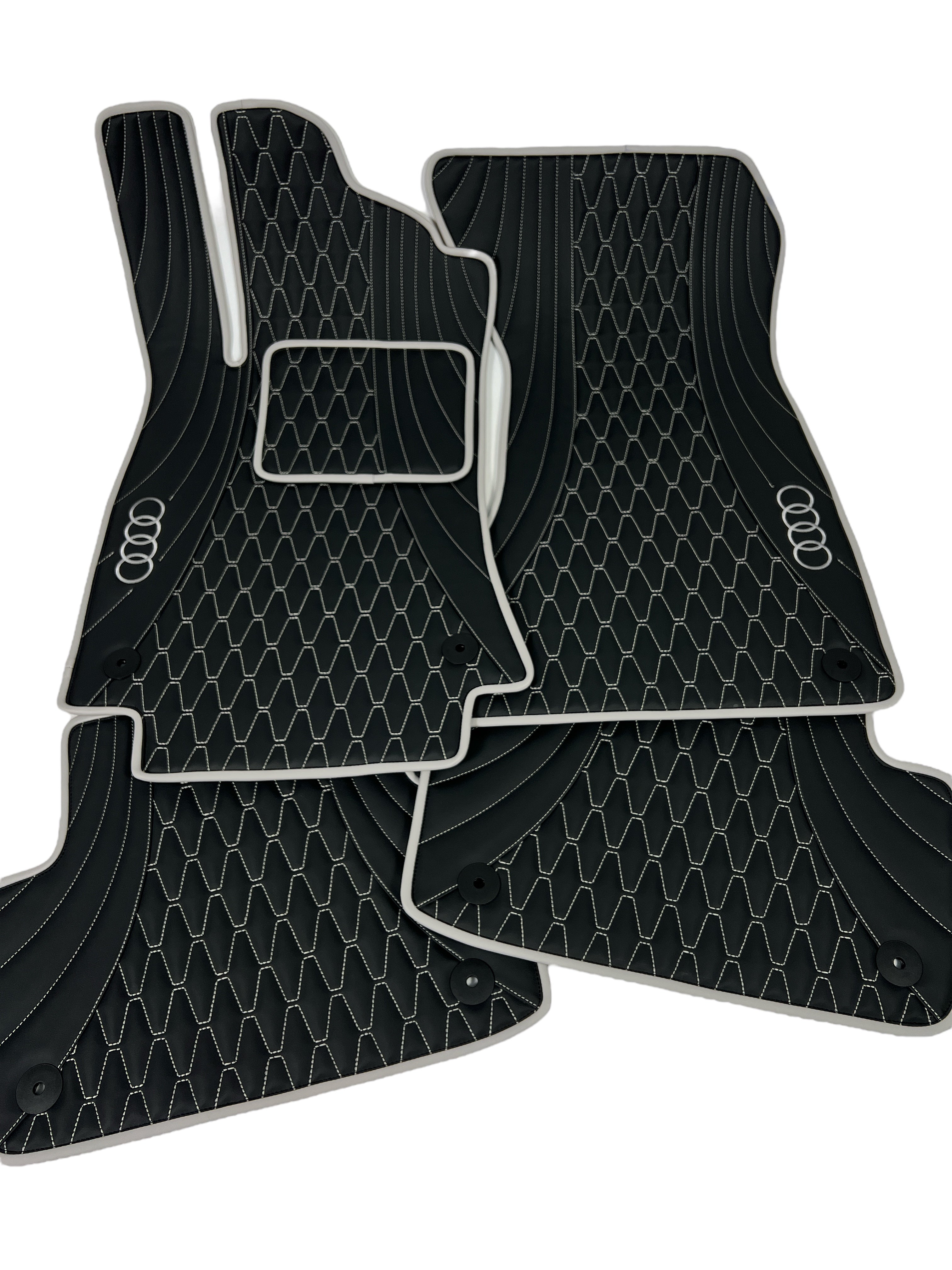 Car Floor Mats in "Figure Long Comb" Design Black with Light Gray Stitching and Edging