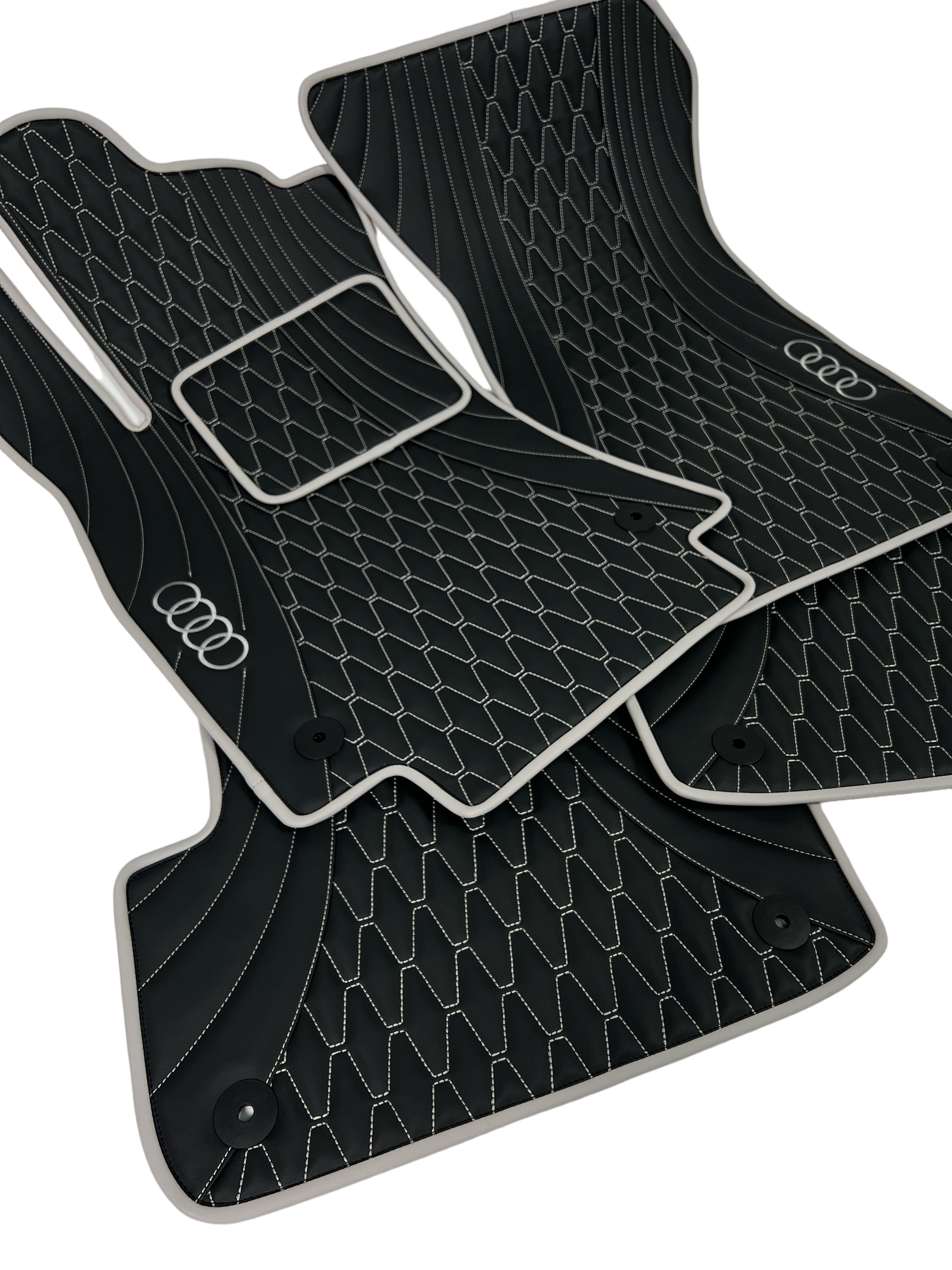 Car Floor Mats in "Figure Long Comb" Design Black with Light Gray Stitching and Edging