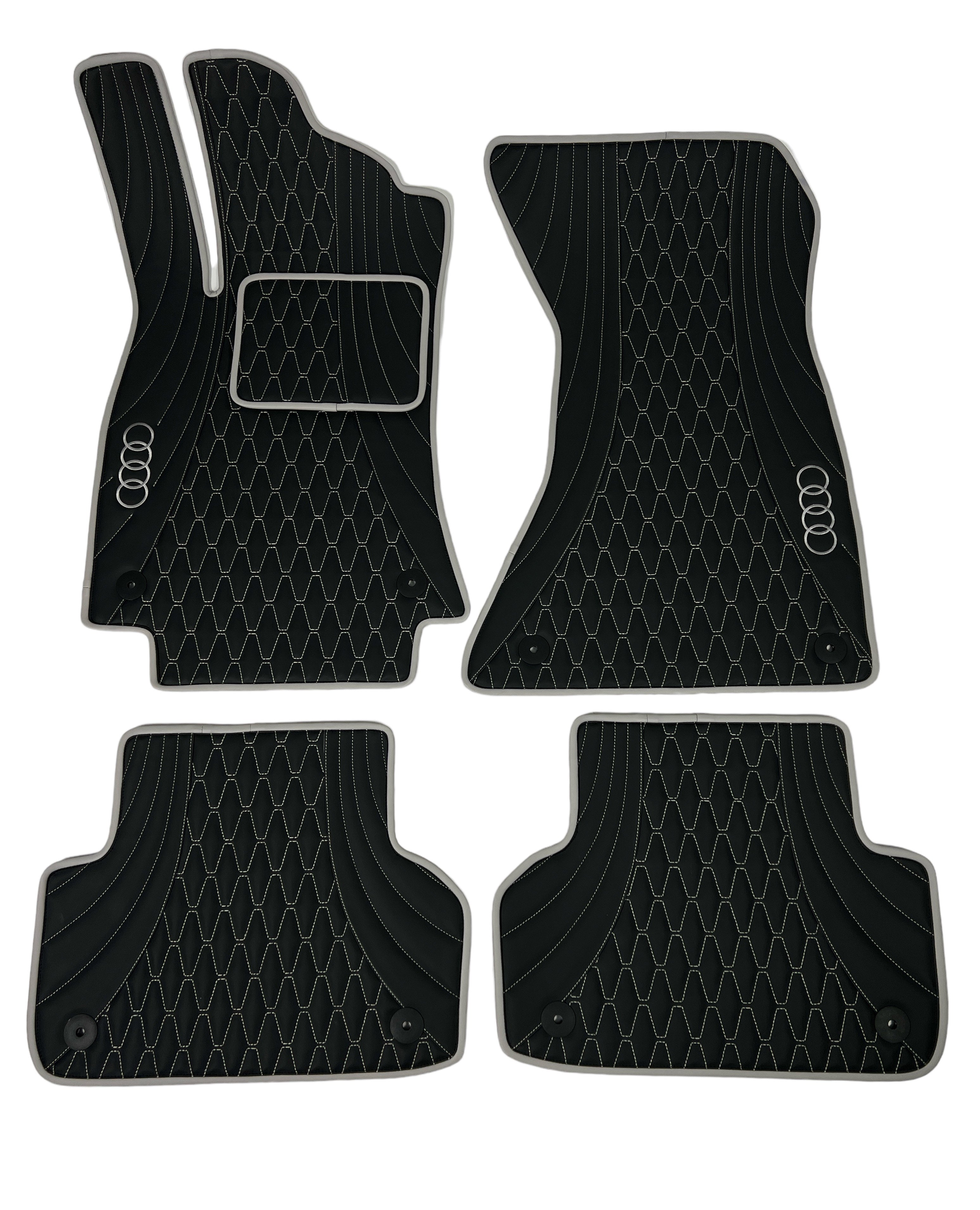 Car Floor Mats in "Figure Long Comb" Design Black with Light Gray Stitching and Edging