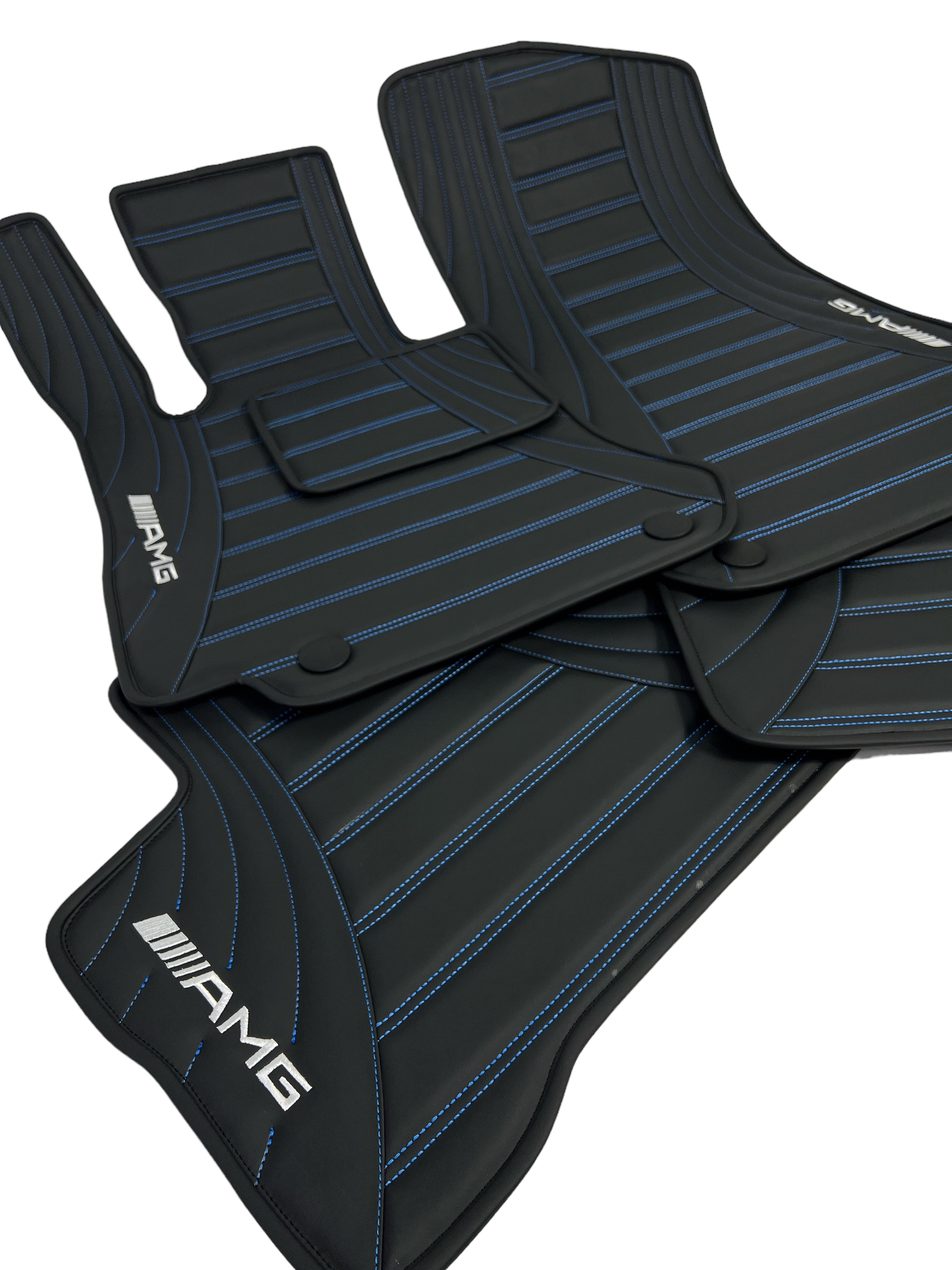 Car Floor Mats in "Figure Double Lines" Design Black with Blue Stitching