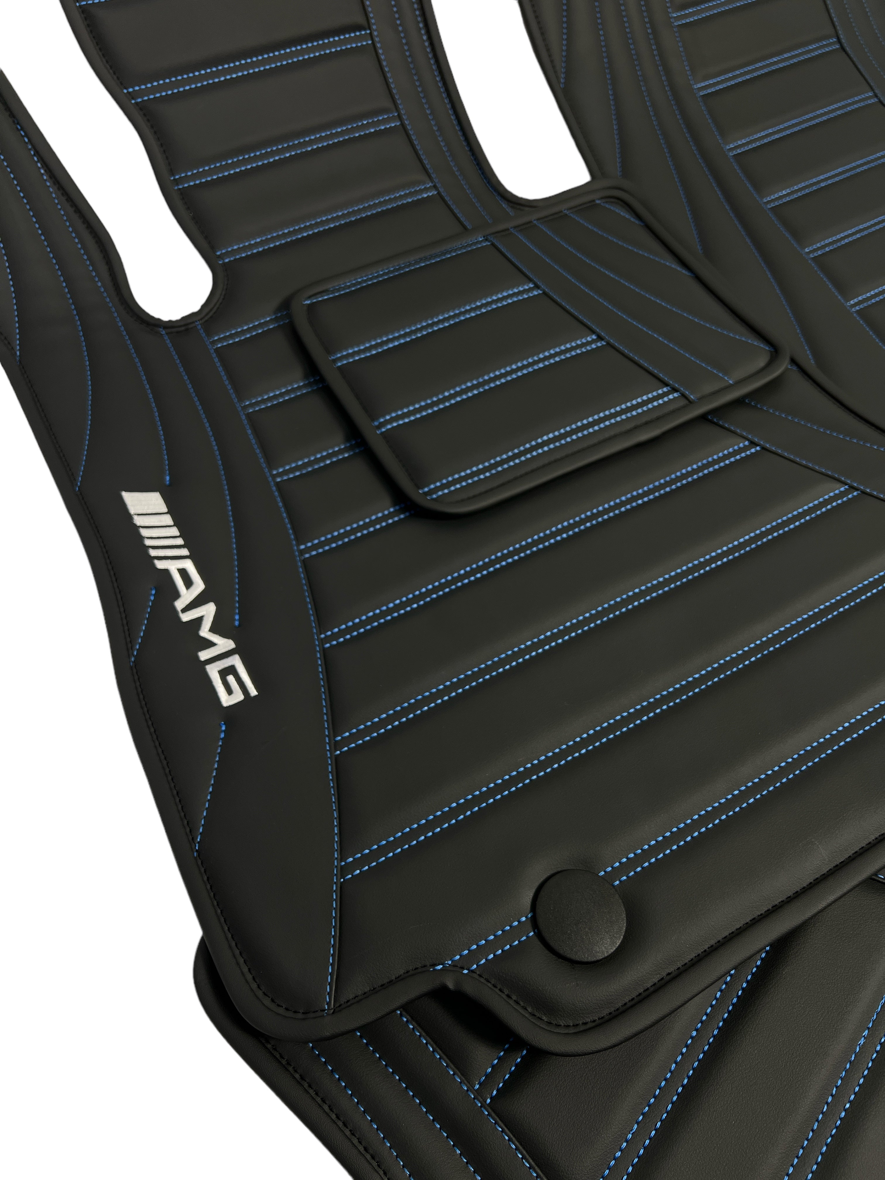 Car Floor Mats in "Figure Double Lines" Design Black with Blue Stitching