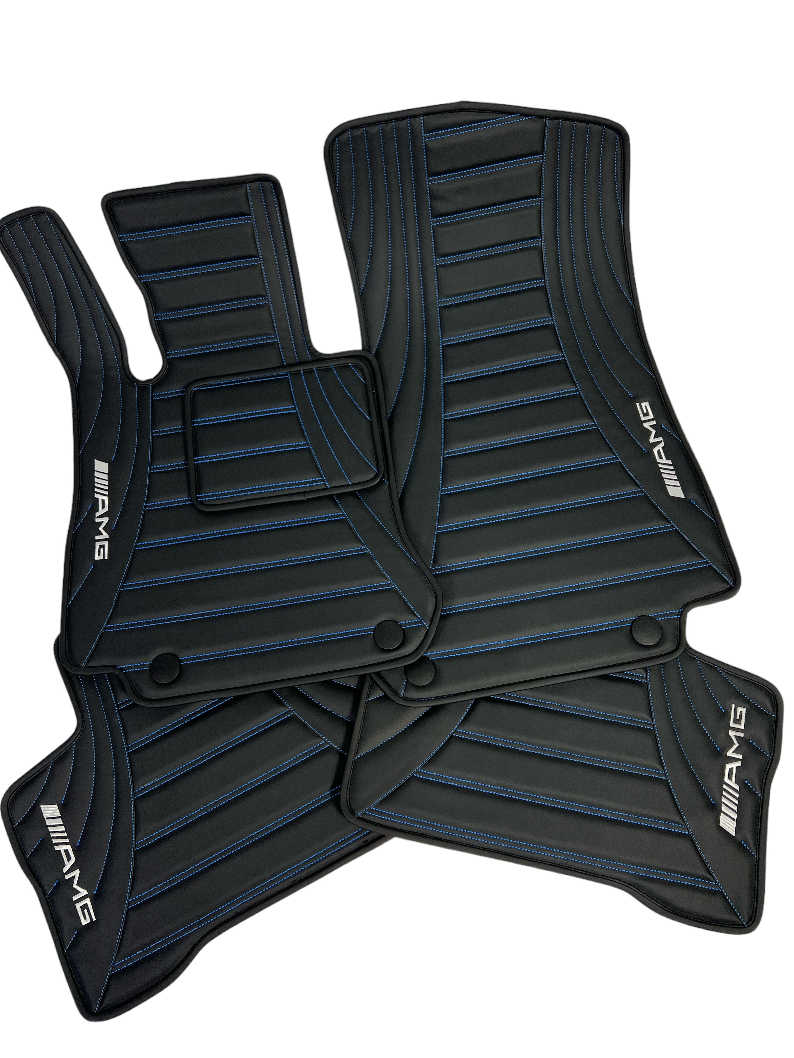 Car Floor Mats in "Figure Double Lines" Design Black with Blue Stitching