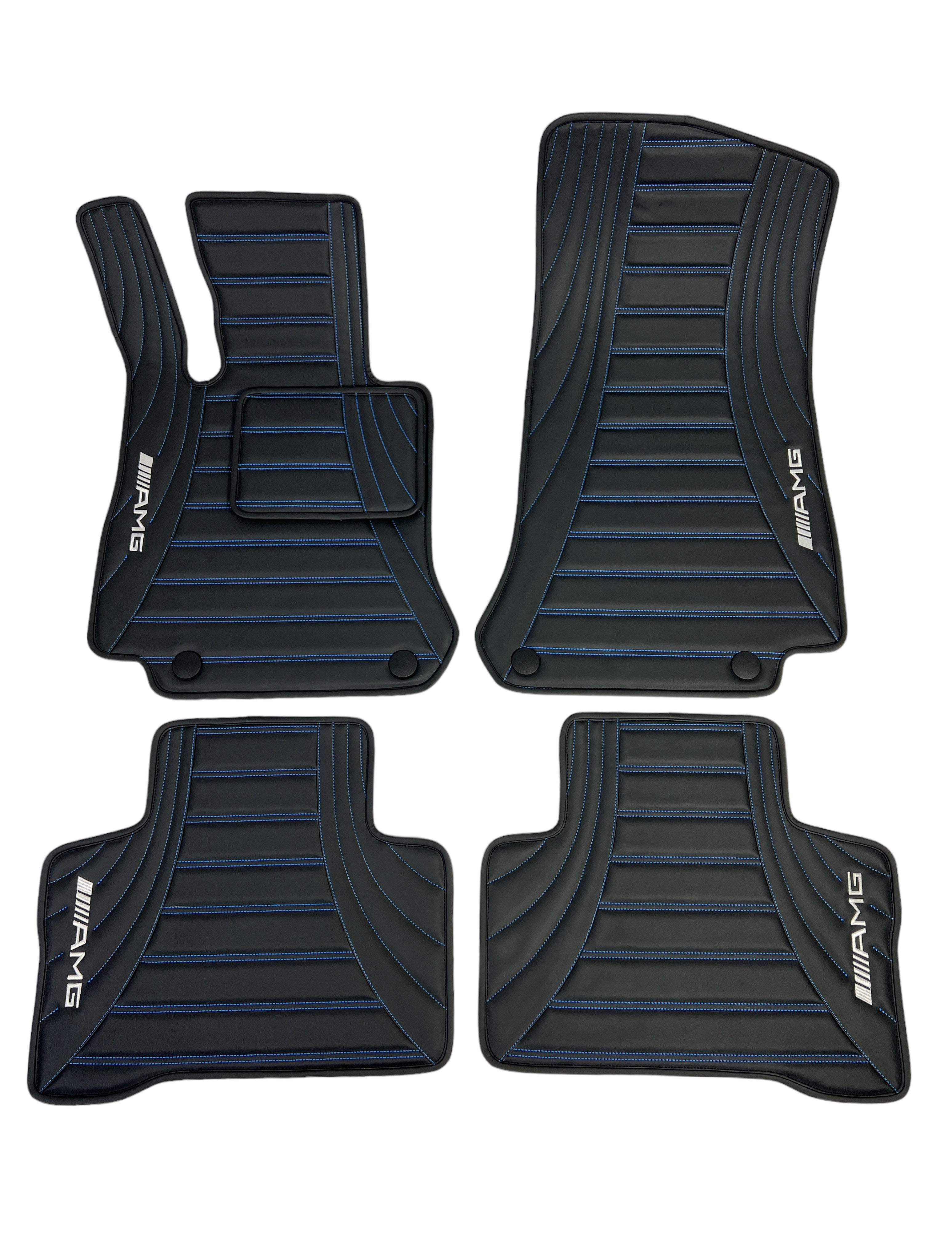 Car Floor Mats in "Figure Double Lines" Design Black with Blue Stitching