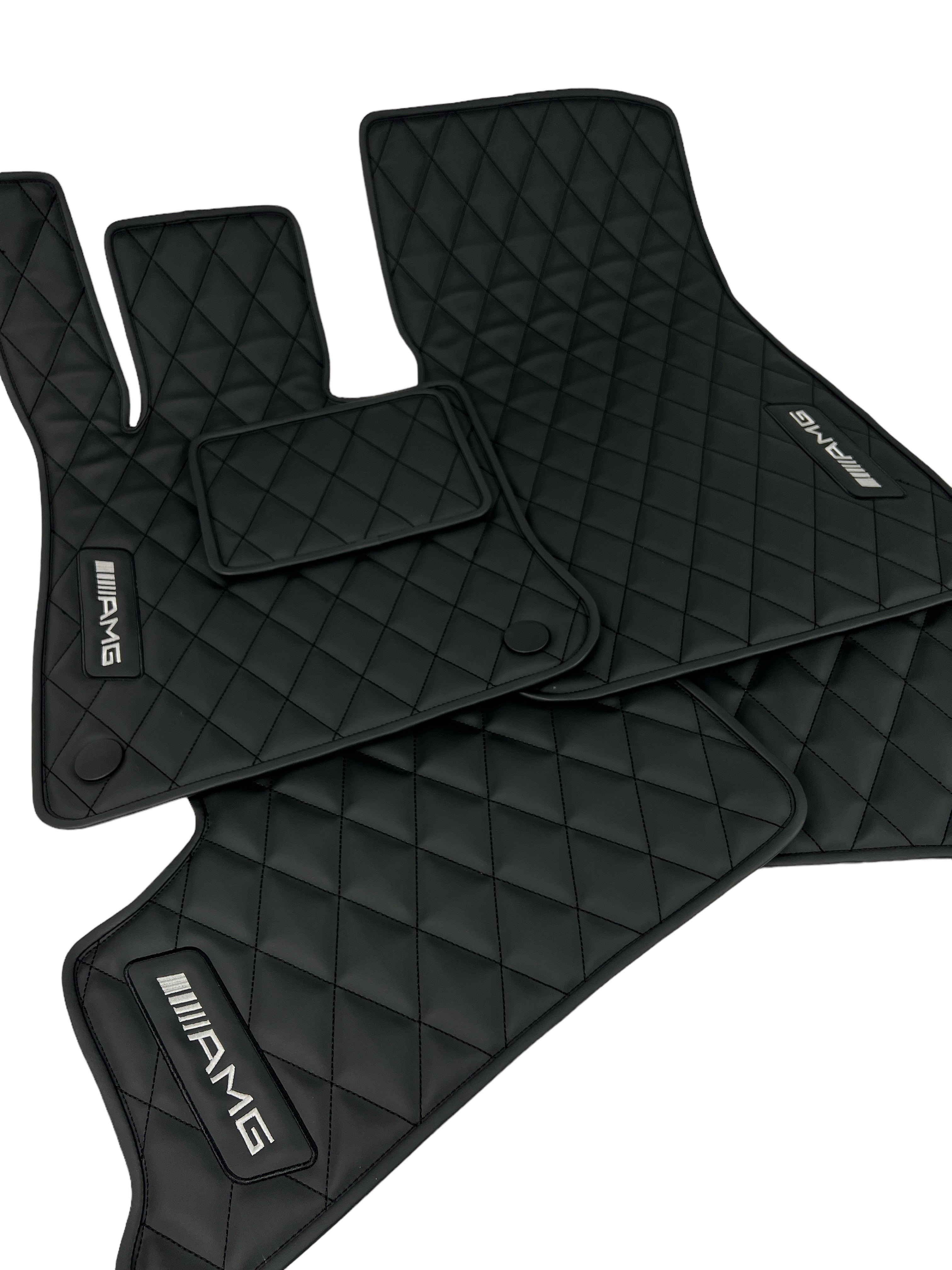 Car Floor Mats in "Rhombus" Design Total Black with White Embroidery