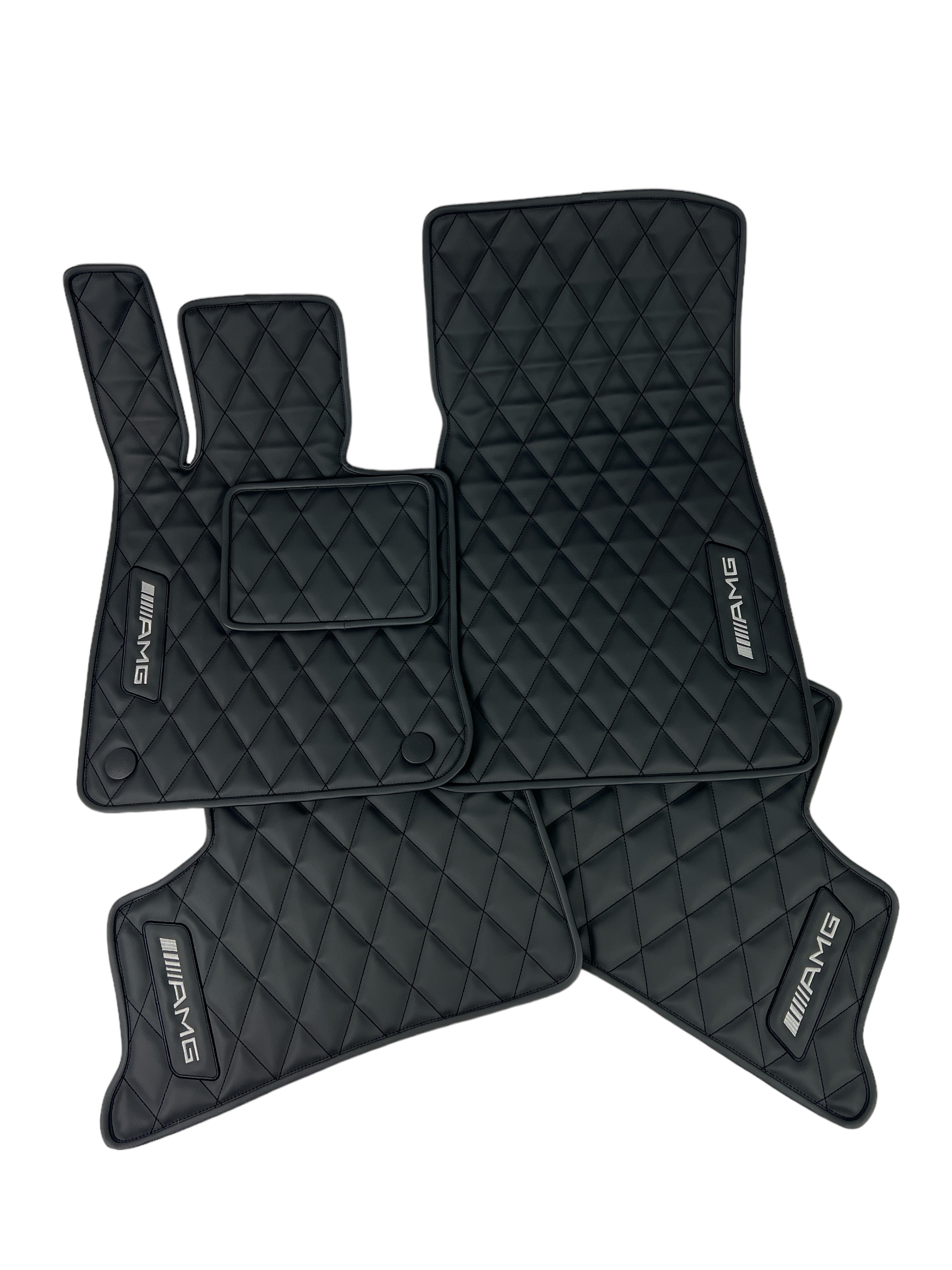 Car Floor Mats in "Rhombus" Design Total Black with White Embroidery