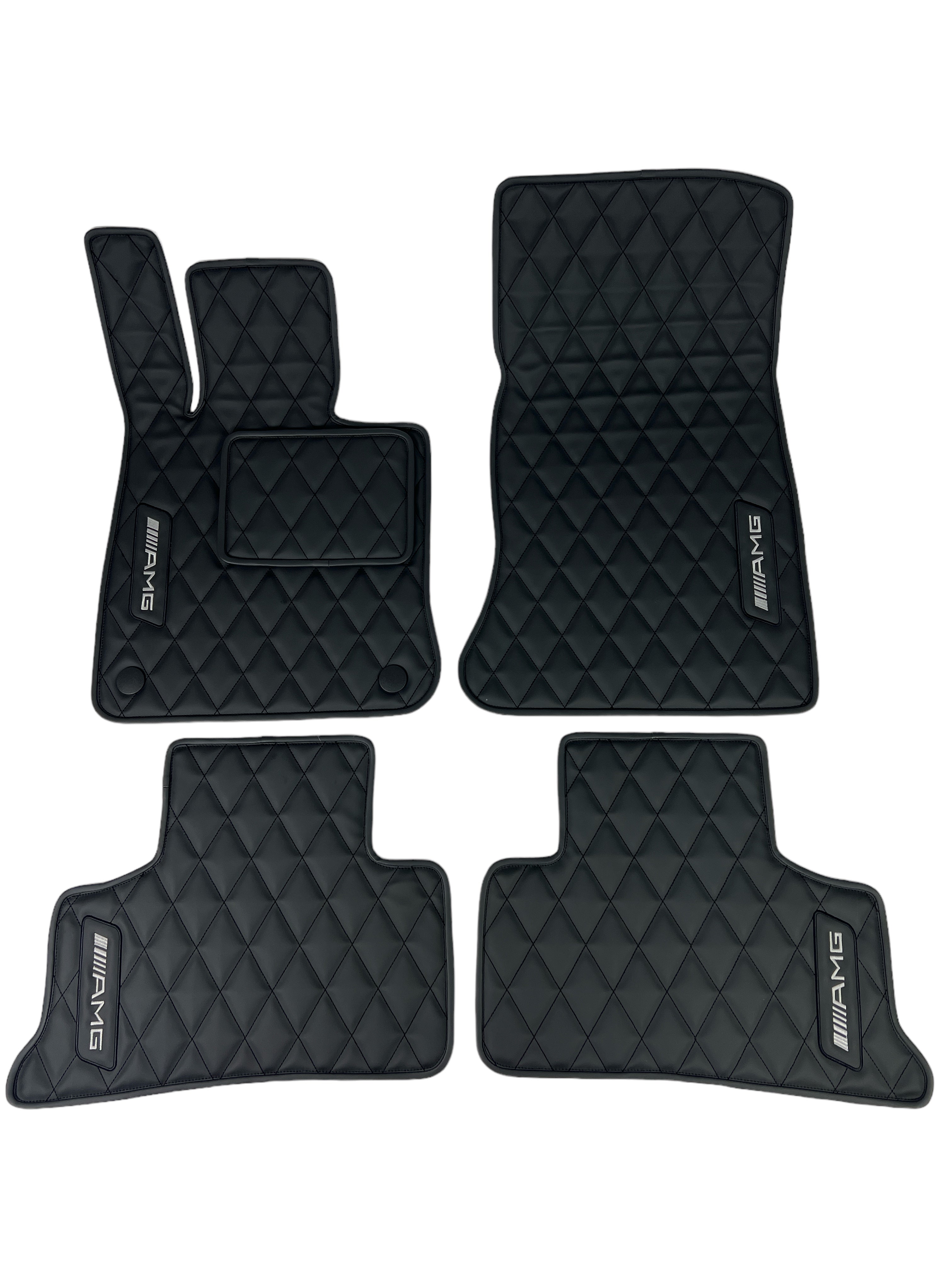 Car Floor Mats in "Rhombus" Design Total Black with White Embroidery