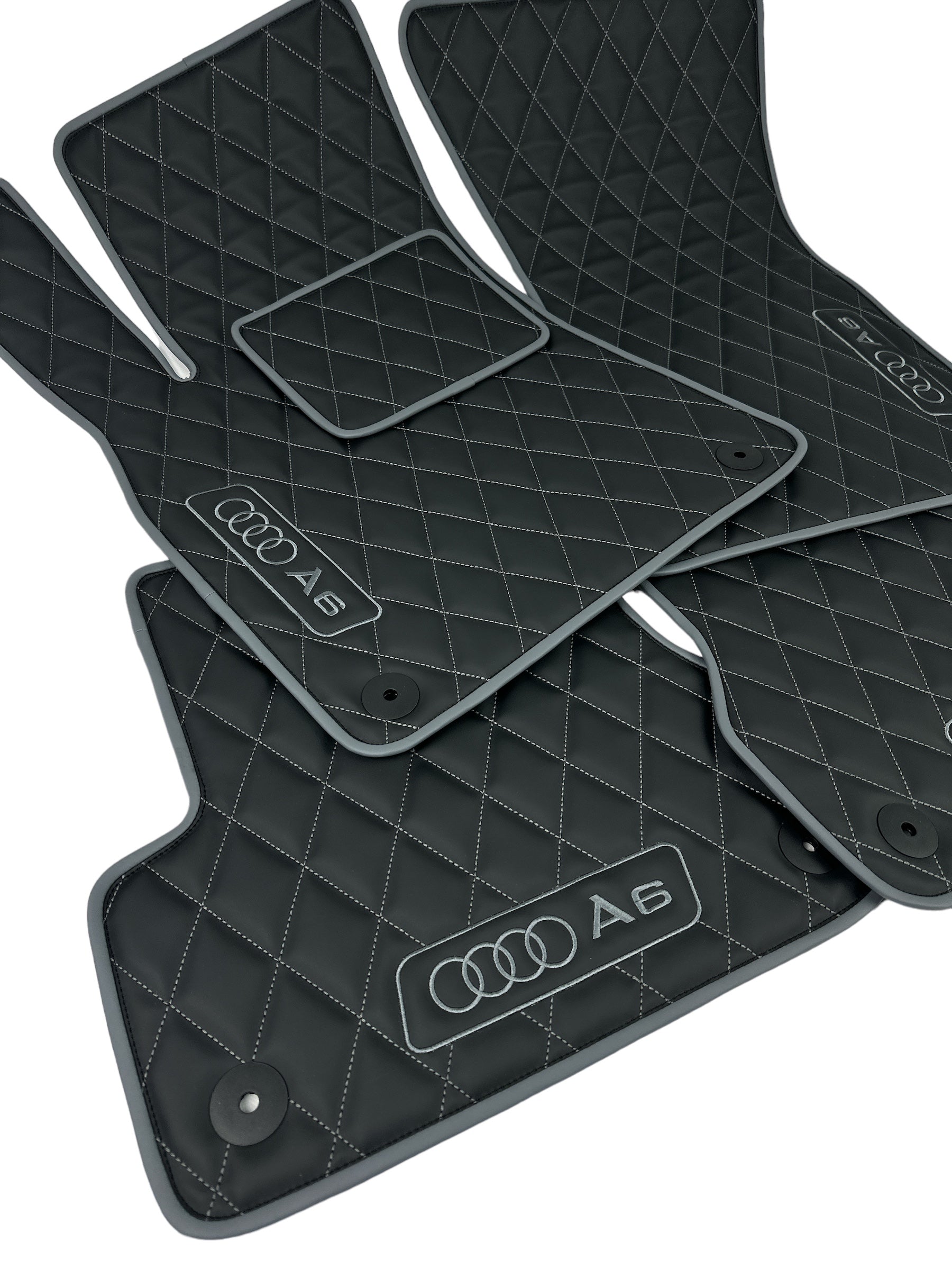 Car Floor Mats in "Rhombus" Design Black with Gray Stitching and Edging