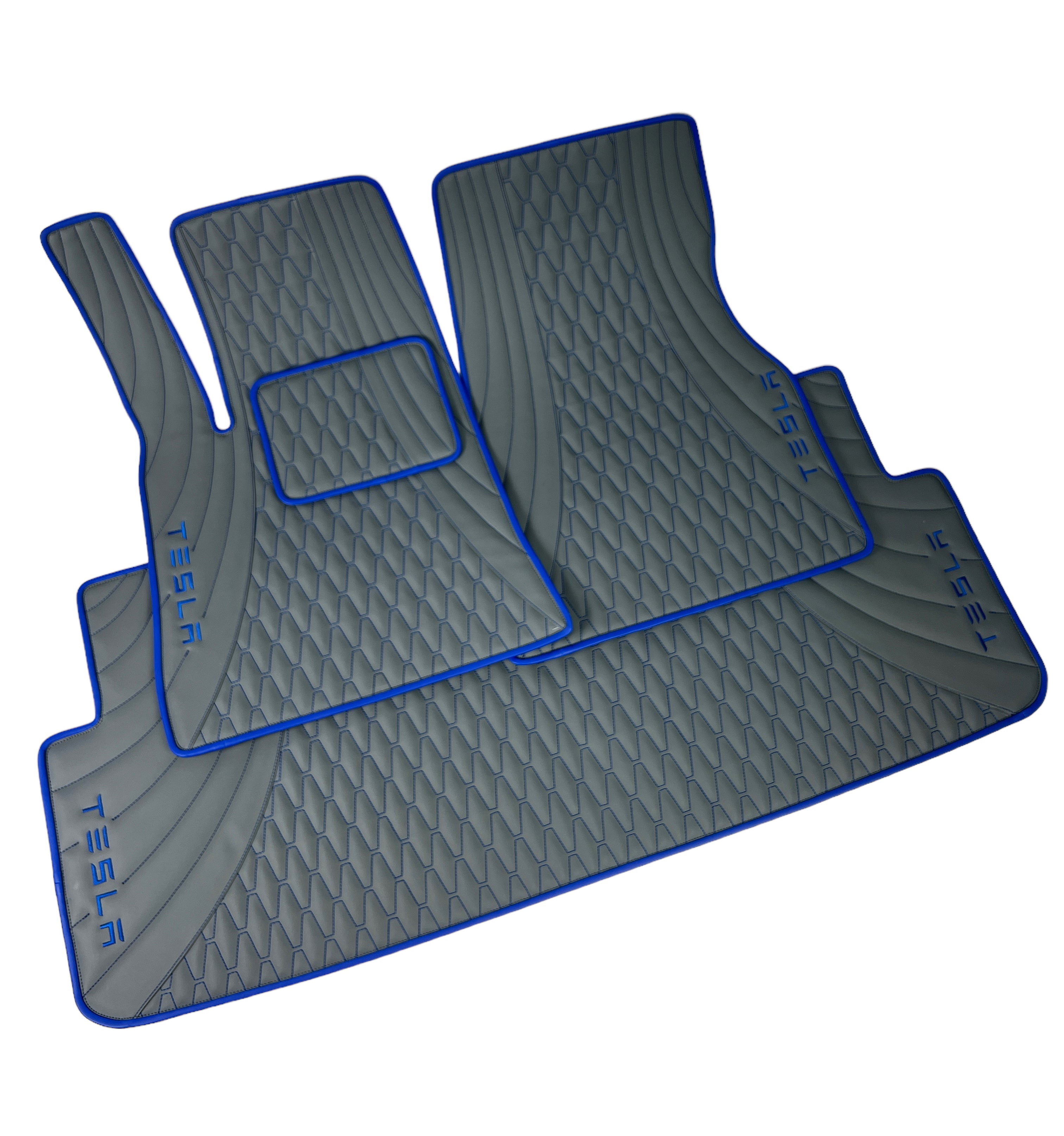 Car Floor Mats in "Figure Long Comb" Design Gray witn Blue Stitching