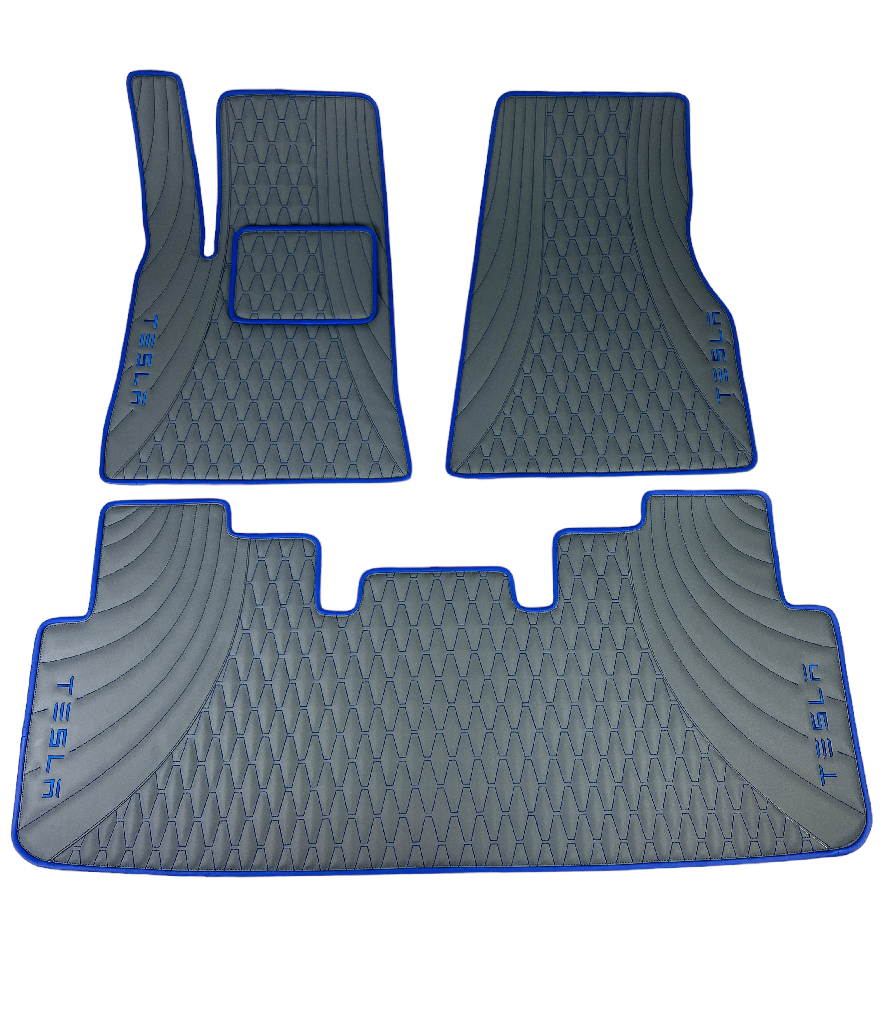 Car Floor Mats in "Figure Long Comb" Design Gray witn Blue Stitching