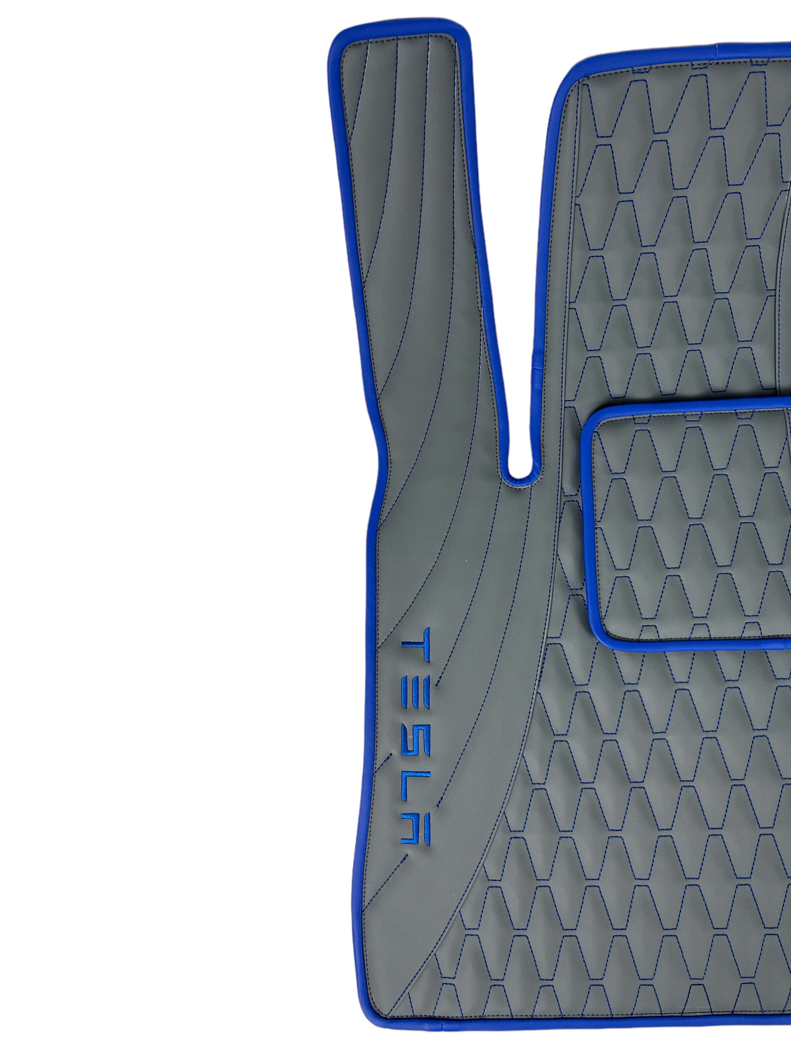 Car Floor Mats in "Figure Long Comb" Design Gray witn Blue Stitching