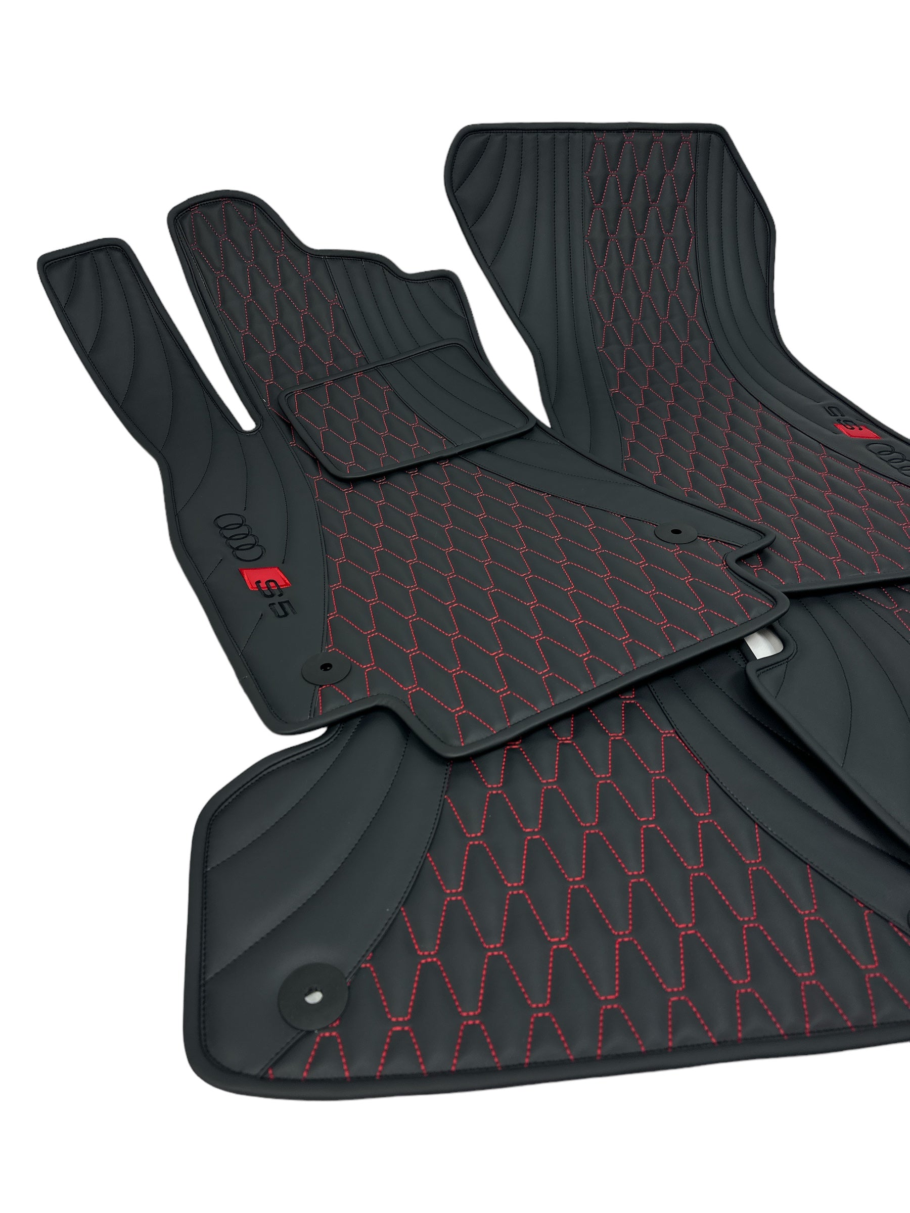 Car Floor Mats in "Figure Long Comb" Design Black with Red Stitching