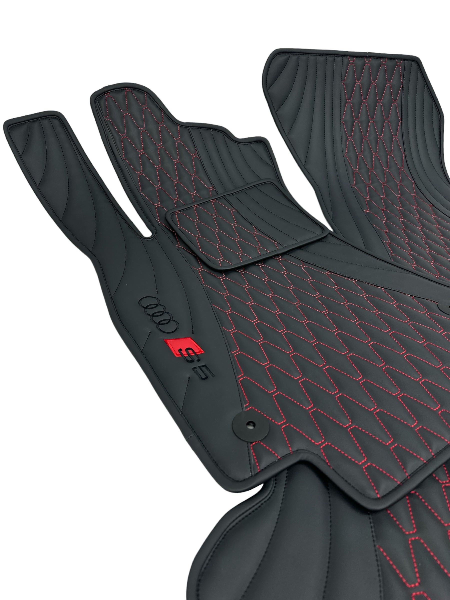 Car Floor Mats in "Figure Long Comb" Design Black with Red Stitching