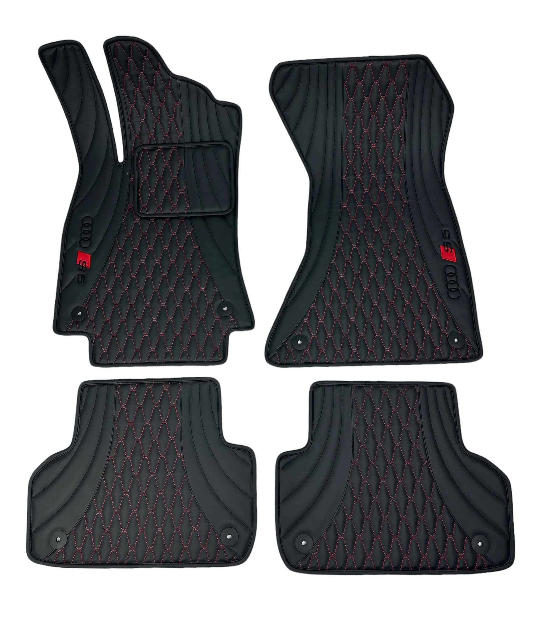 Car Floor Mats in "Figure Long Comb" Design Black with Red Stitching