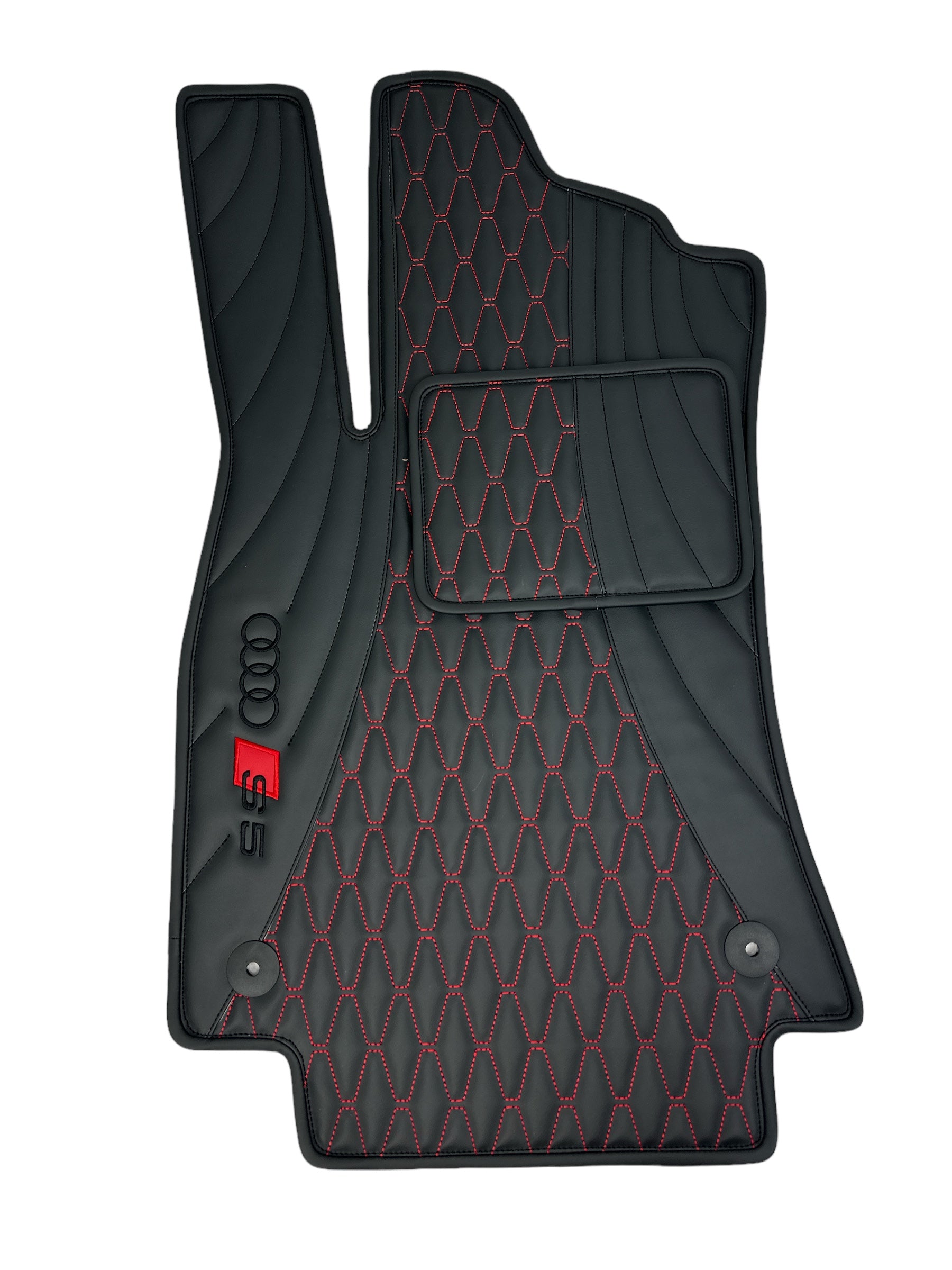 Car Floor Mats in "Figure Long Comb" Design Black with Red Stitching