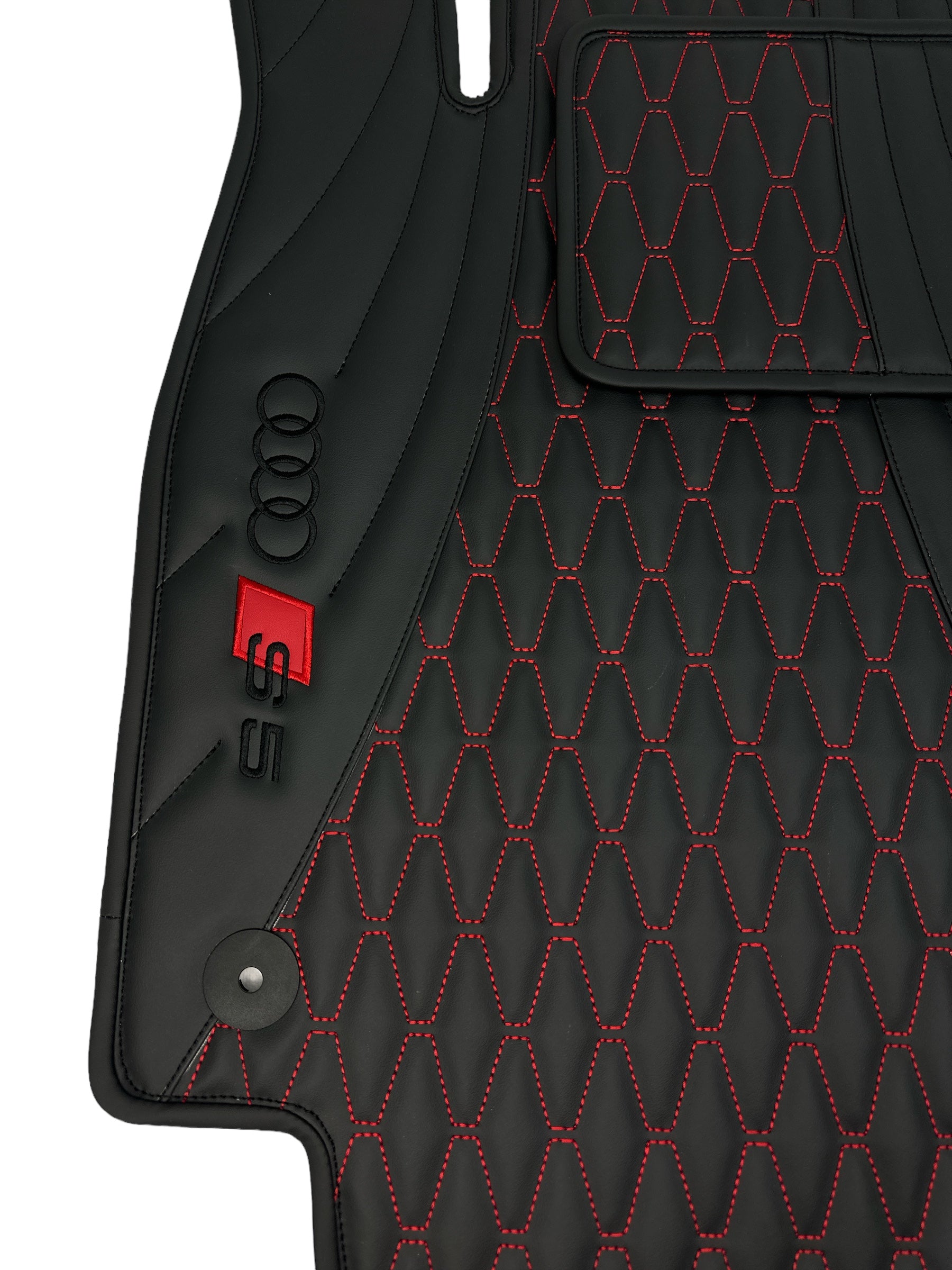 Car Floor Mats in "Figure Long Comb" Design Black with Red Stitching