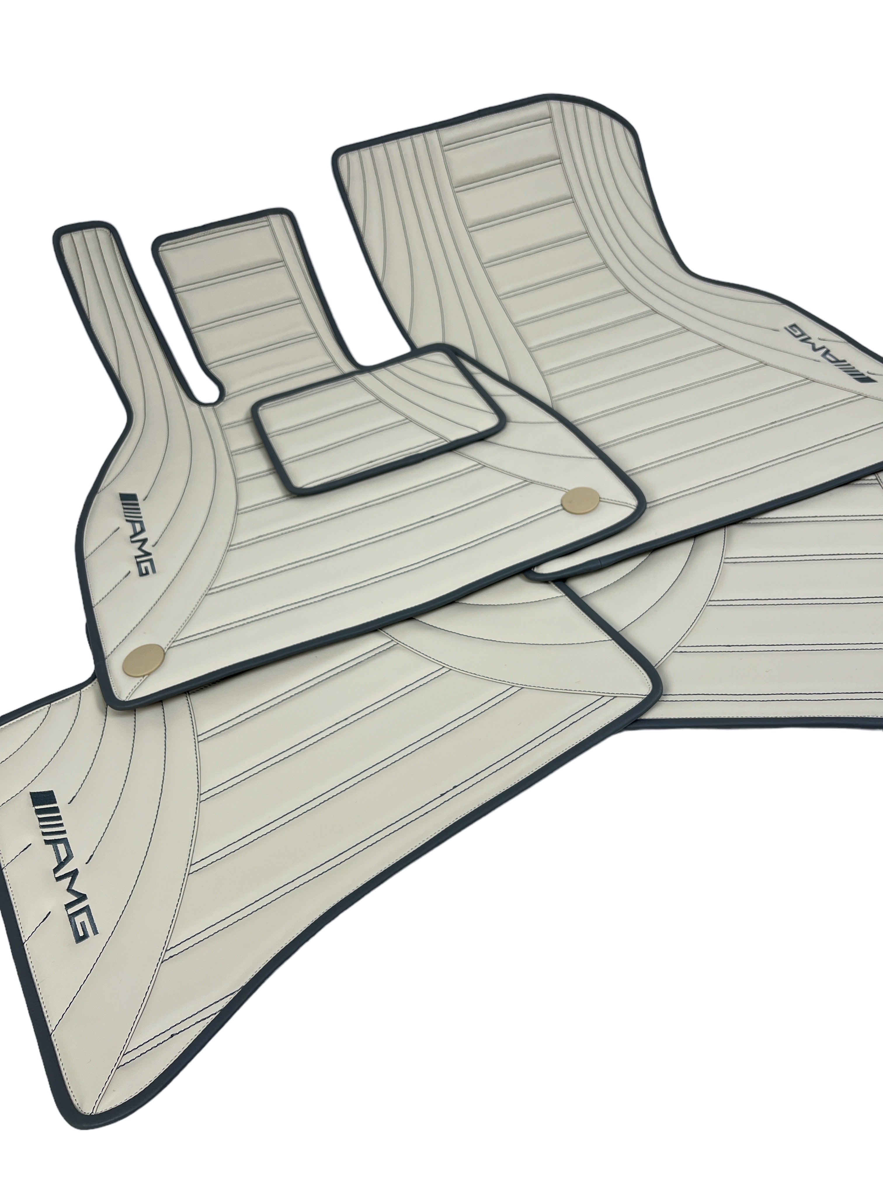 Car Floor Mats in "Figure Double Lines" Design Beige with Black Stitching and Edging