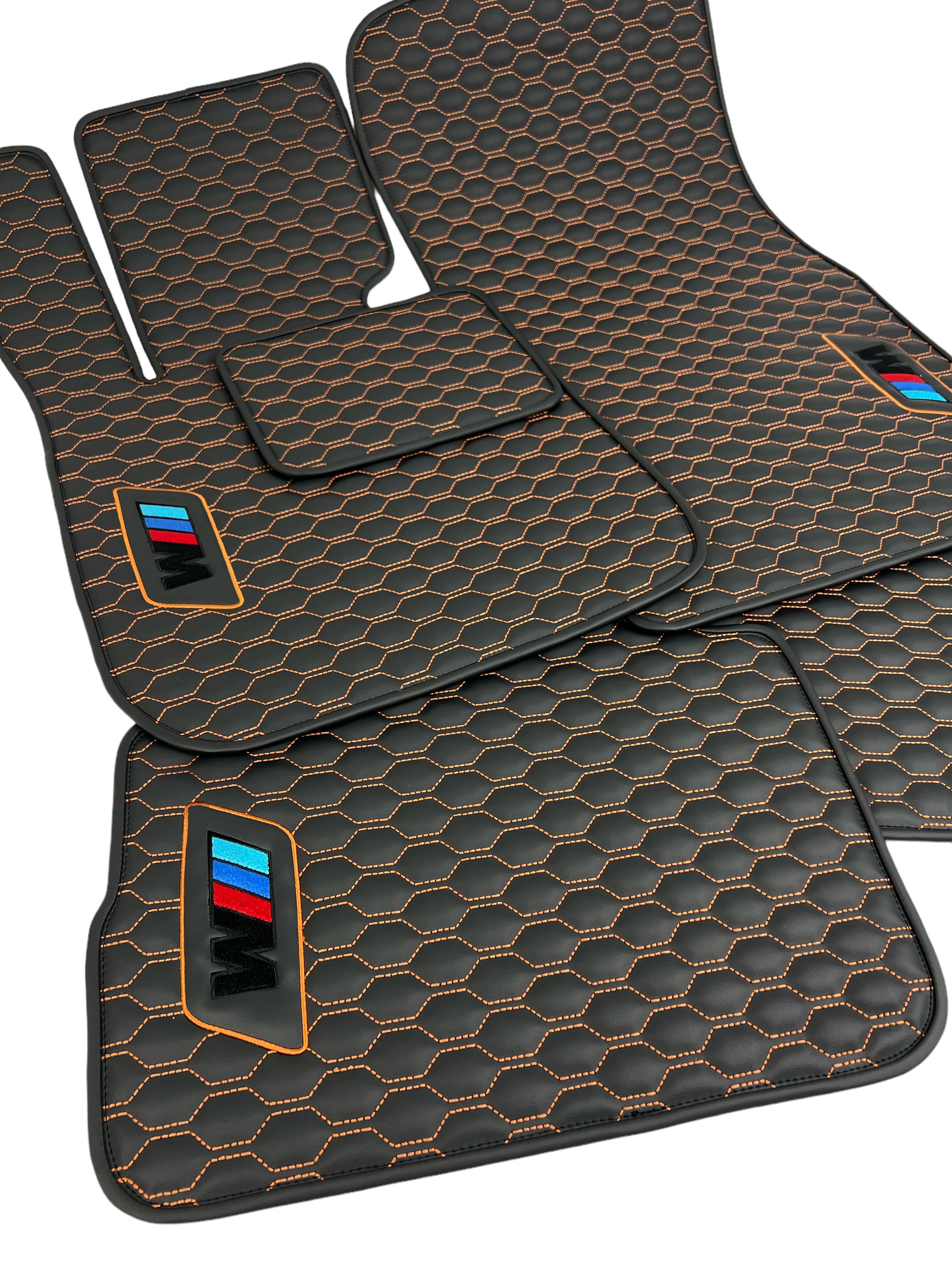 Car Floor Mats in "Small Comb" Design Black with Light Brown Stitching