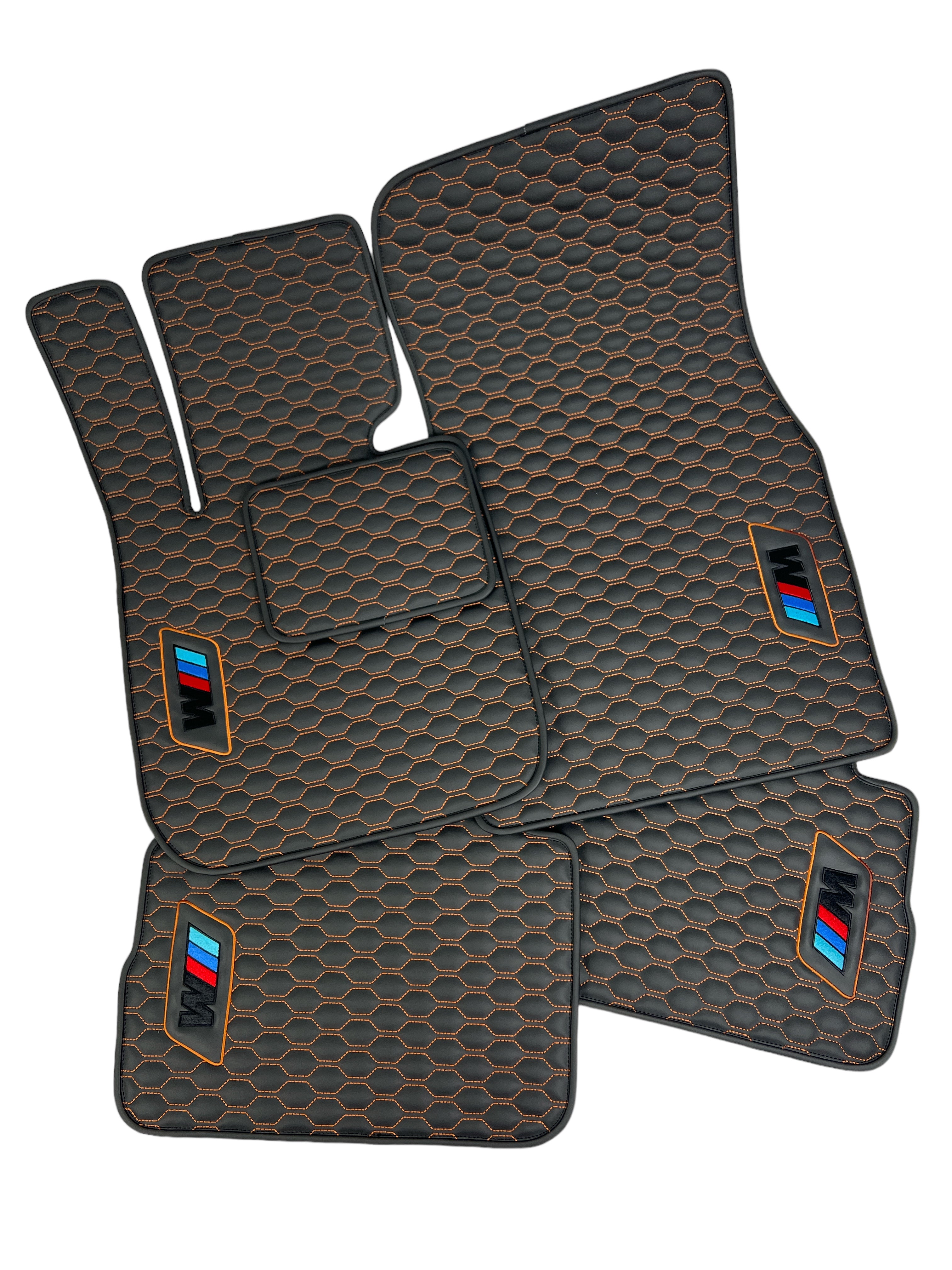 Car Floor Mats in "Small Comb" Design Black with Light Brown Stitching