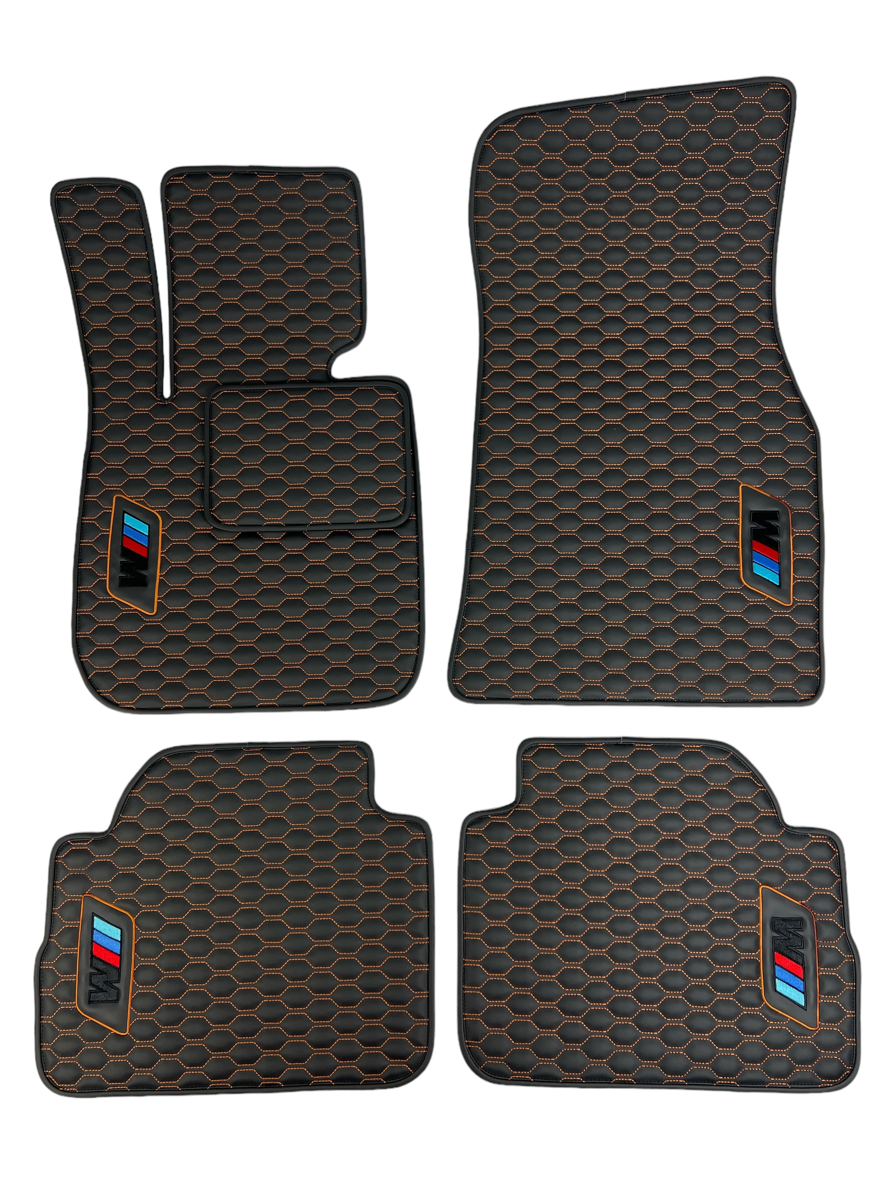 Car Floor Mats in "Small Comb" Design Black with Light Brown Stitching