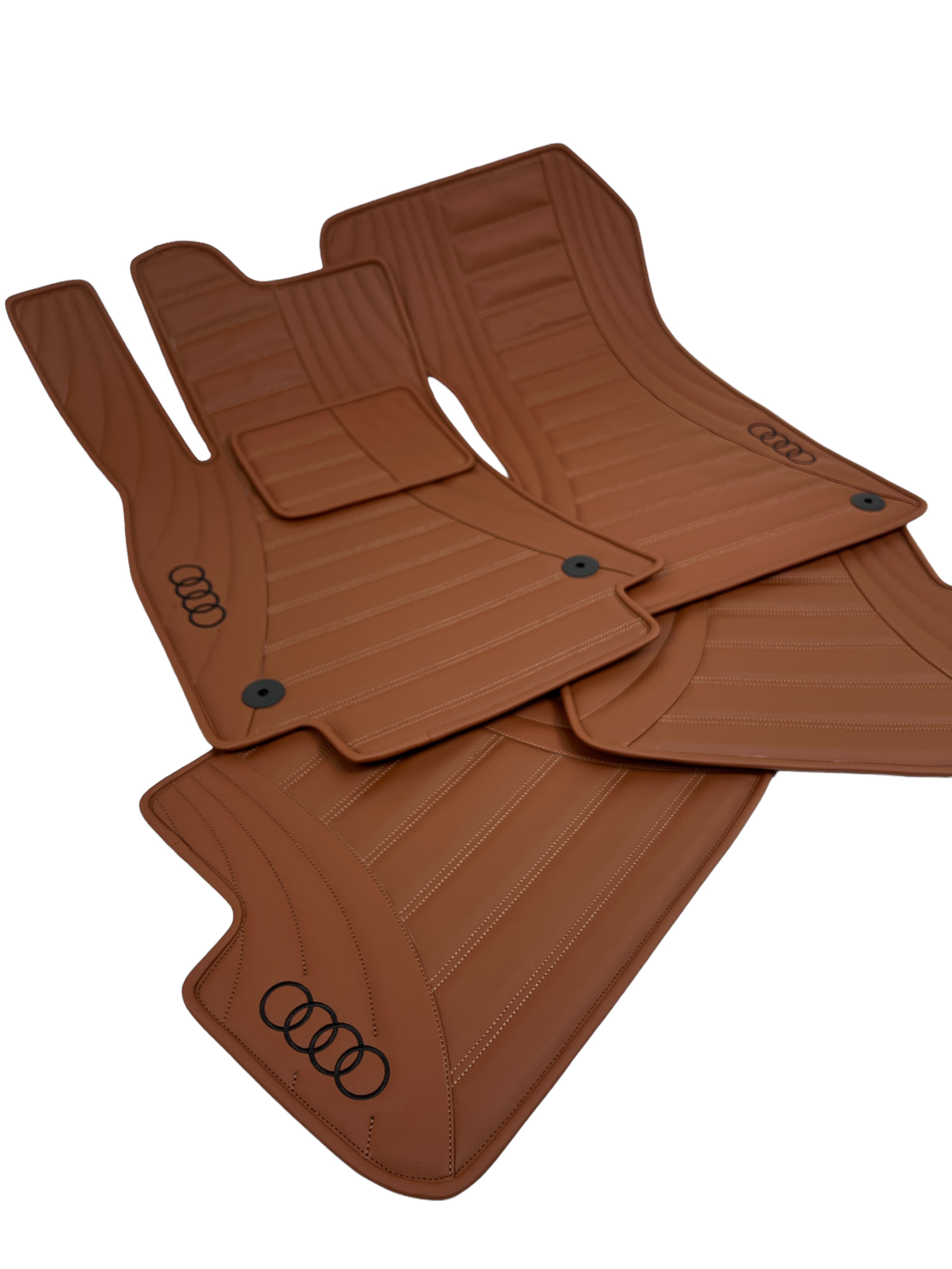 Car Floor Mats in "Figure Double Lines" Design Brown with Black Emroidery