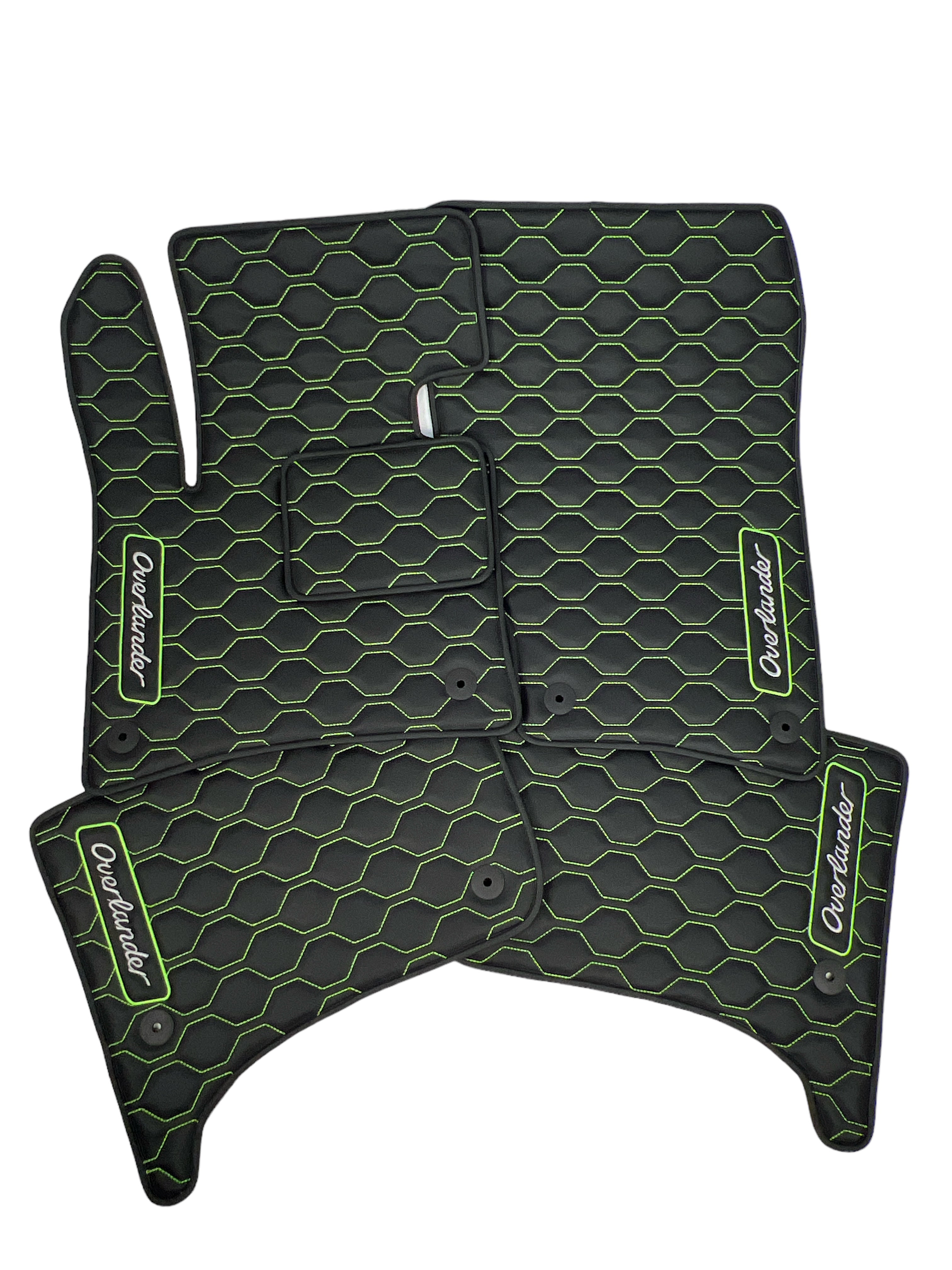 Car Floor Mats in "Big Comb" Design Black with Green Stitching