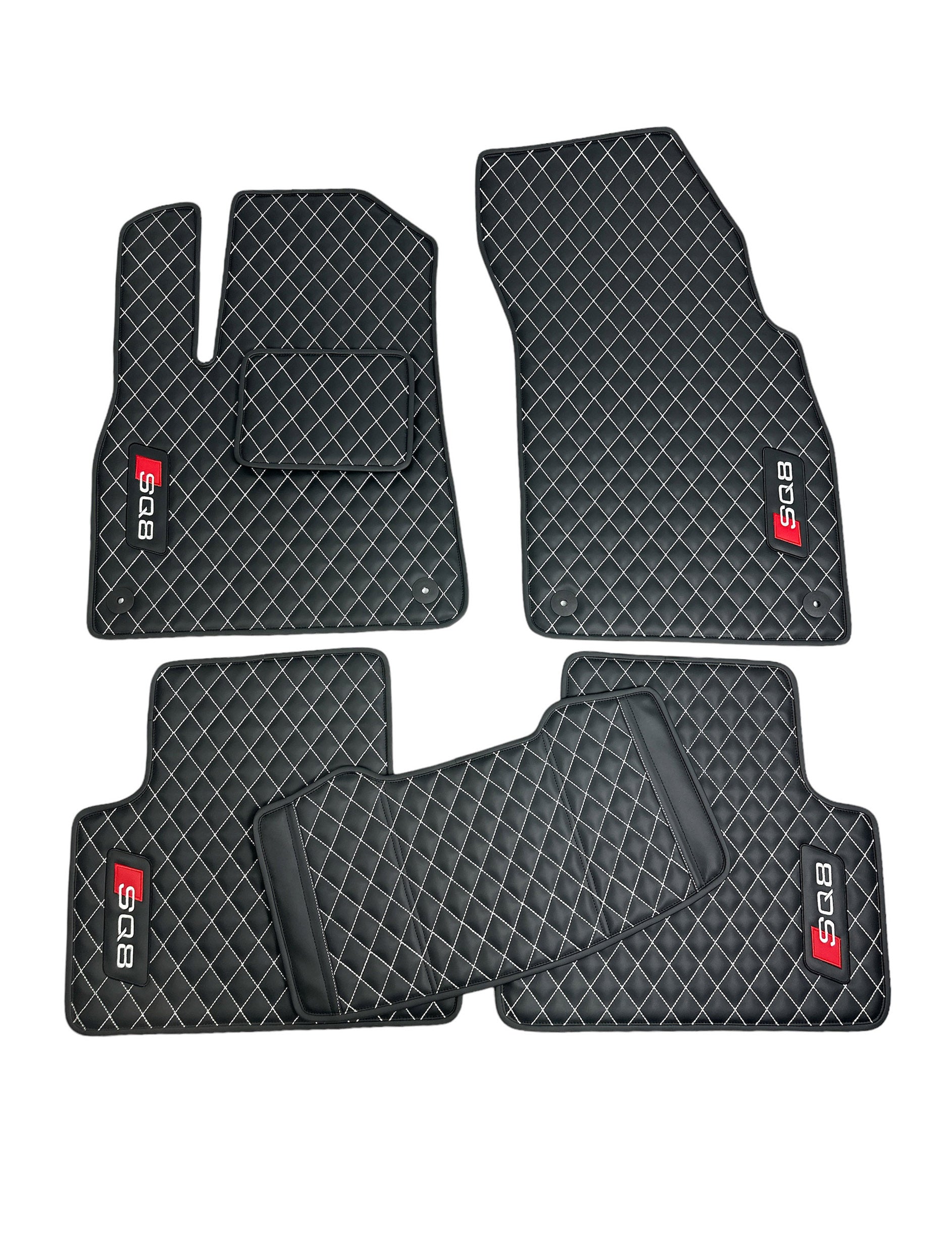 Car Floor Mats in "Rhombus" Design Black with White Stitching