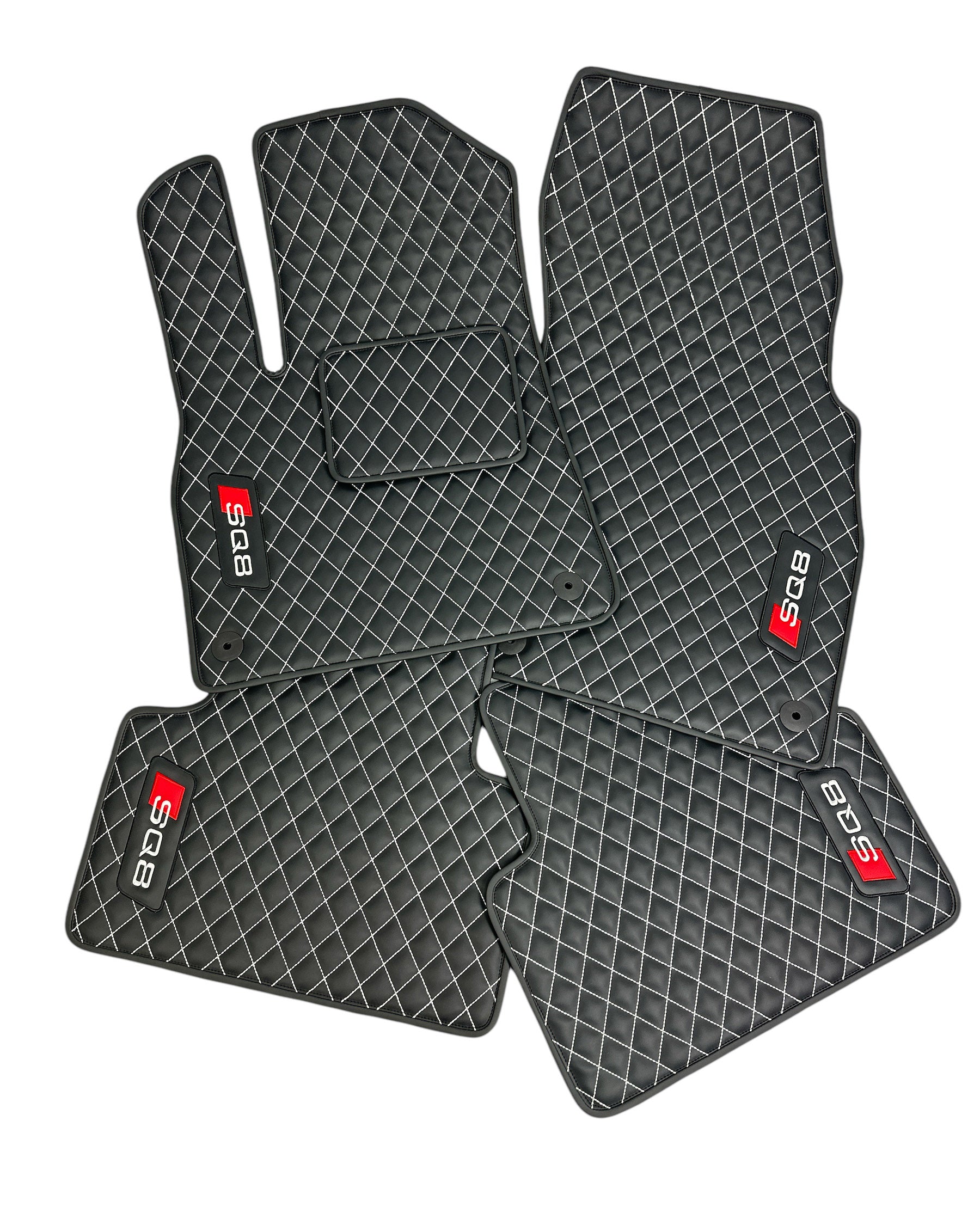 Car Floor Mats in "Rhombus" Design Black with White Stitching