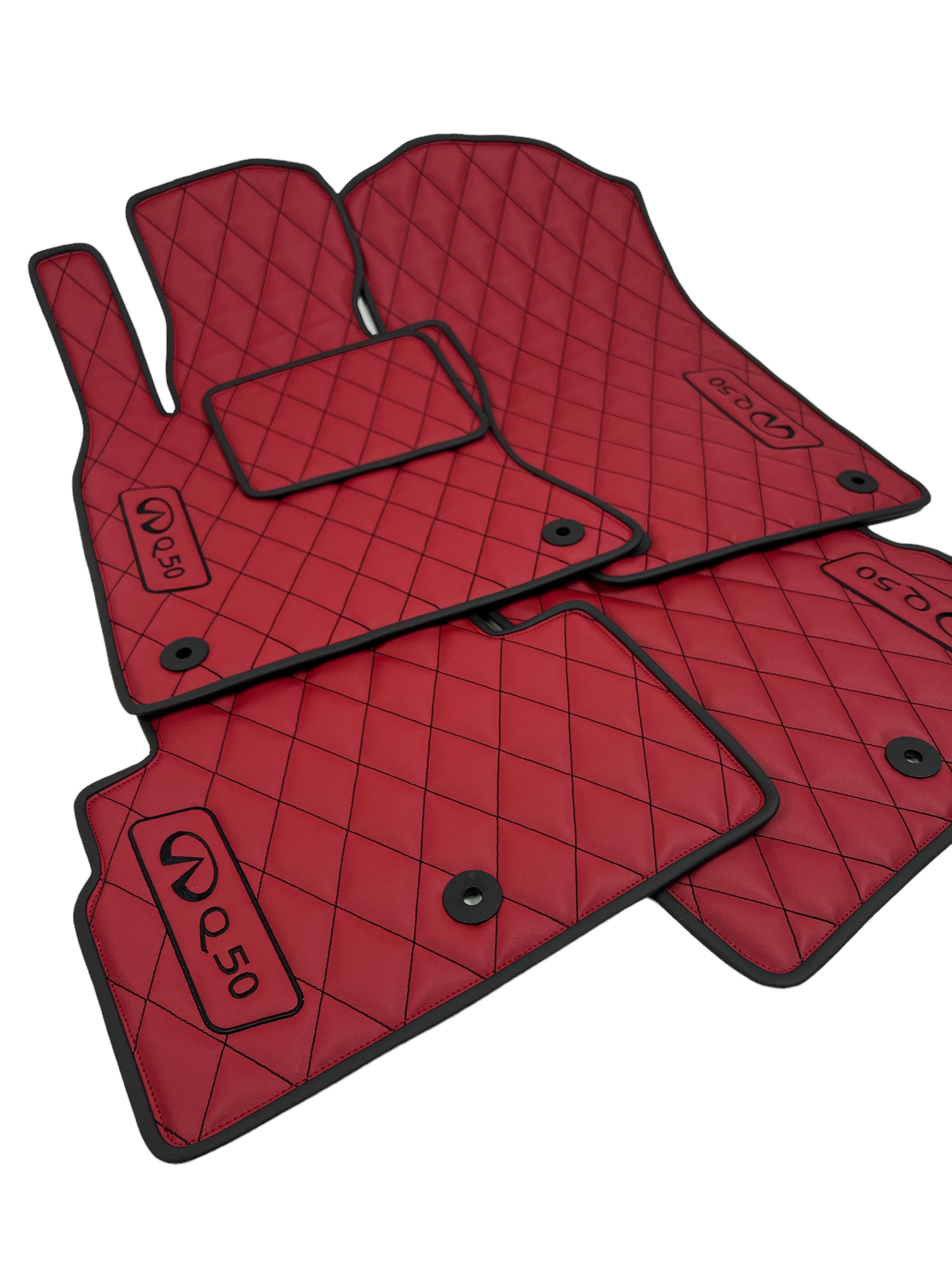 Car Floor Mats in "Rhombus" Design Red with Black Stitching and Edging