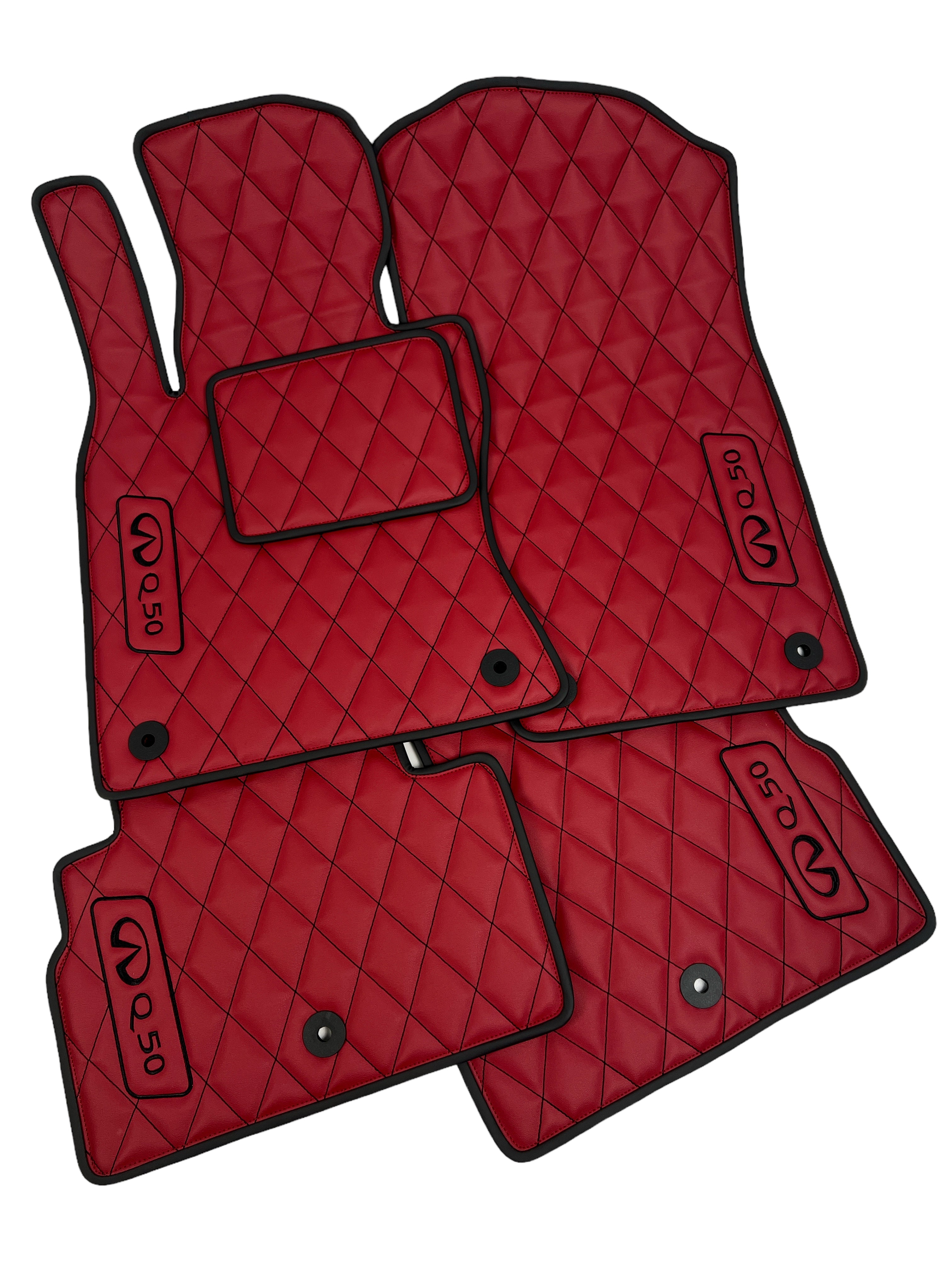 Car Floor Mats in "Rhombus" Design Red with Black Stitching and Edging