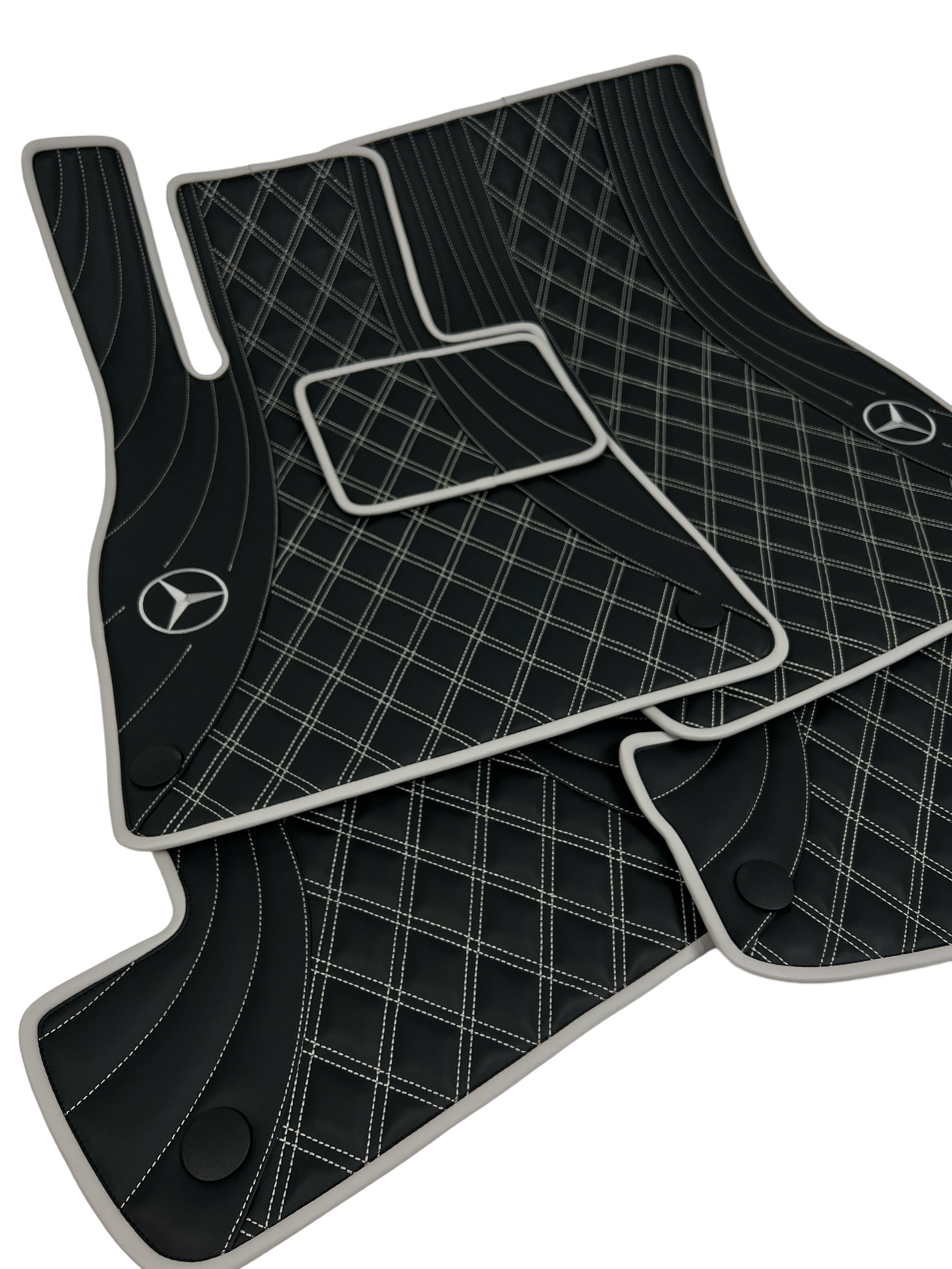 Car Floor Mats in "Figure Double Rhombus" Design Black with Gray Stitching and Edging