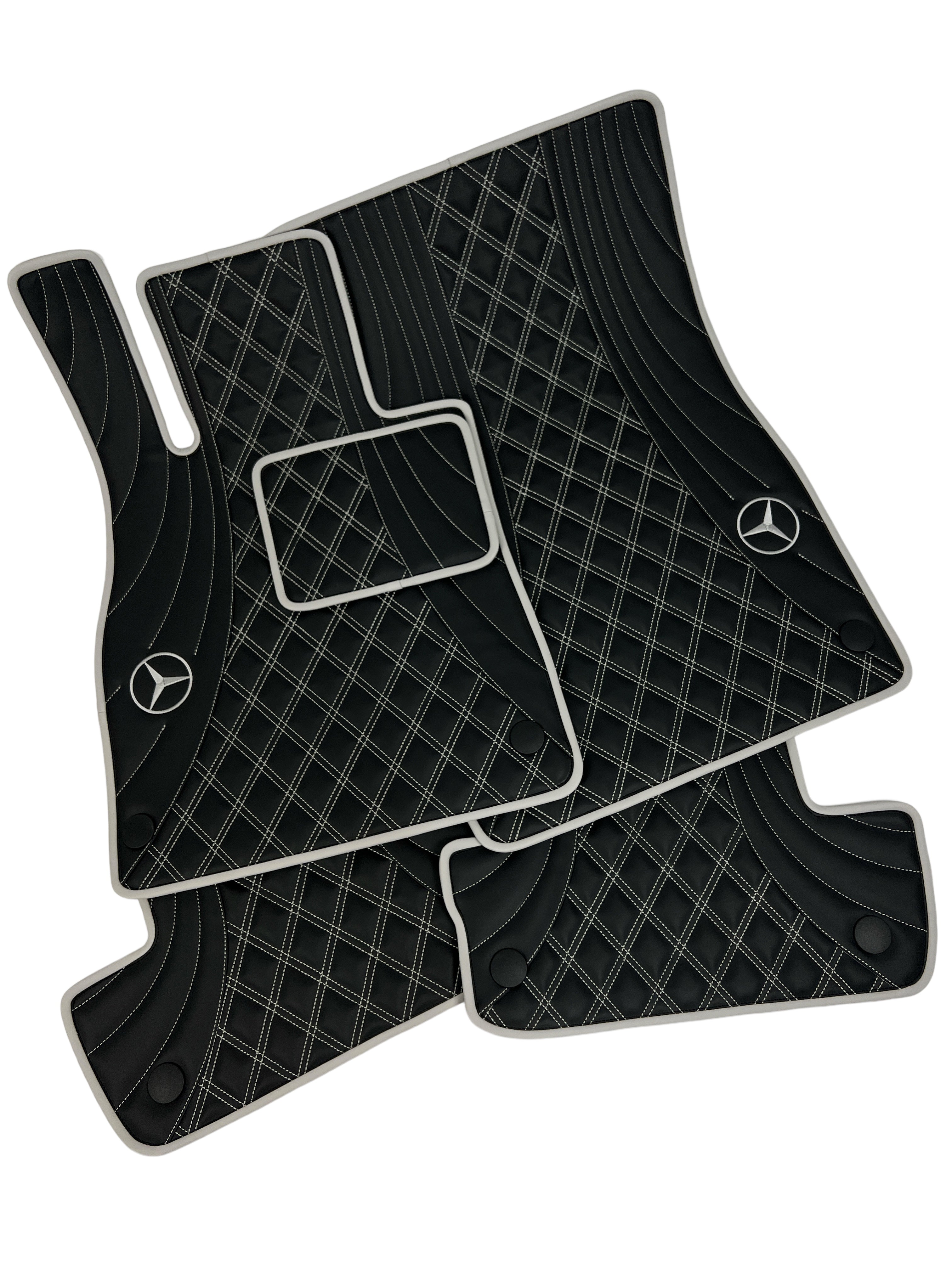 Car Floor Mats in "Figure Double Rhombus" Design Black with Gray Stitching and Edging