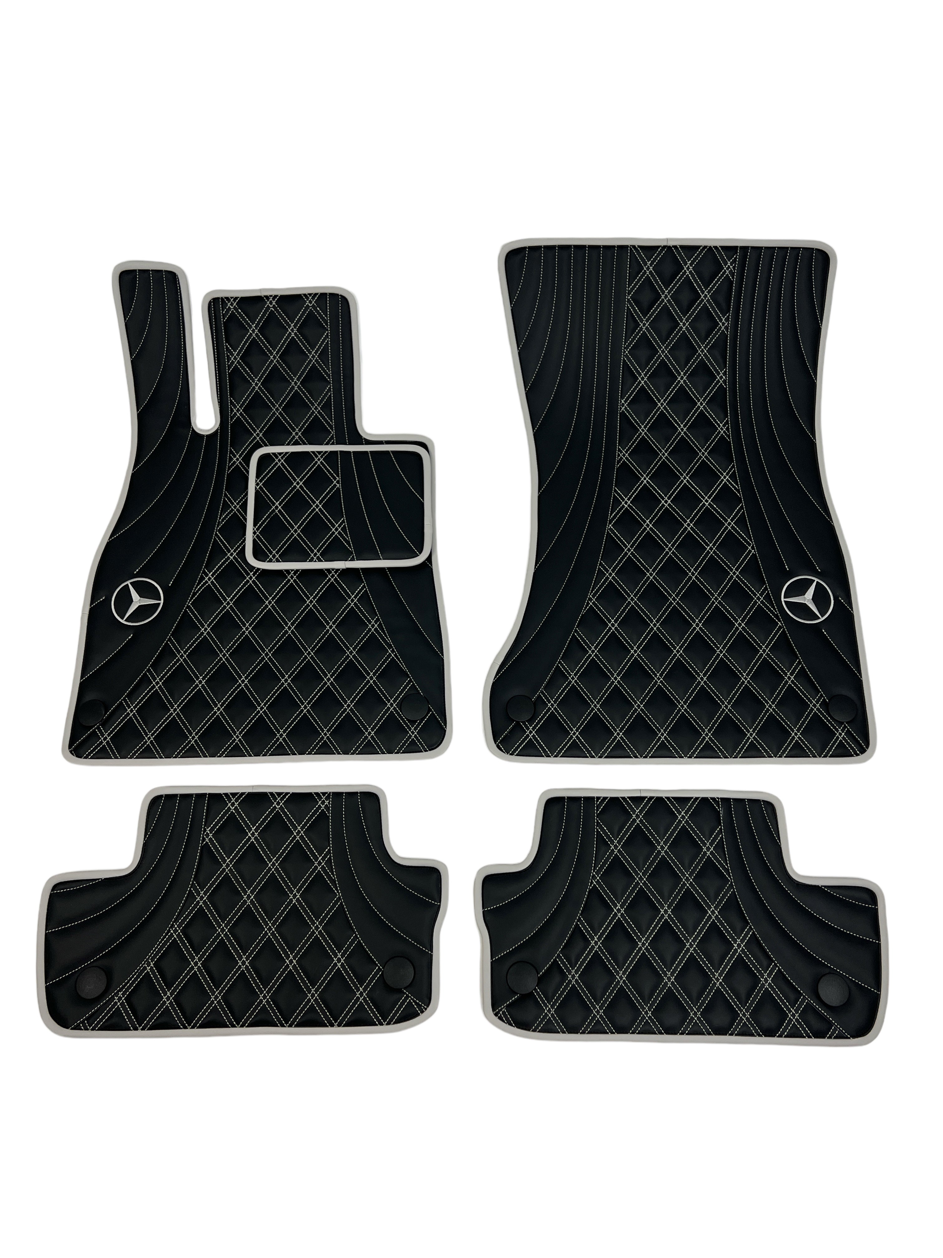 Car Floor Mats in "Figure Double Rhombus" Design Black with Gray Stitching and Edging