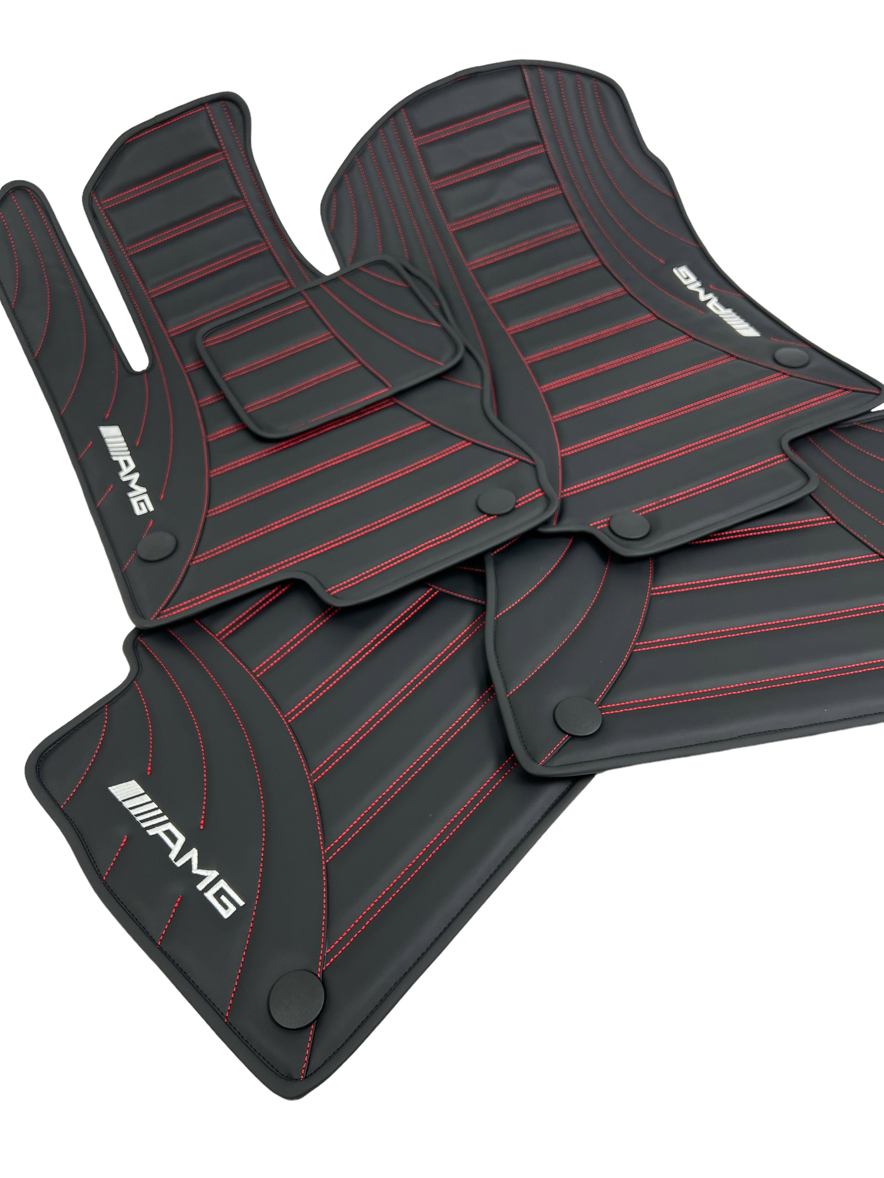 Car Floor Mats in "Figure Double Lines" Design Black with Red Stitching