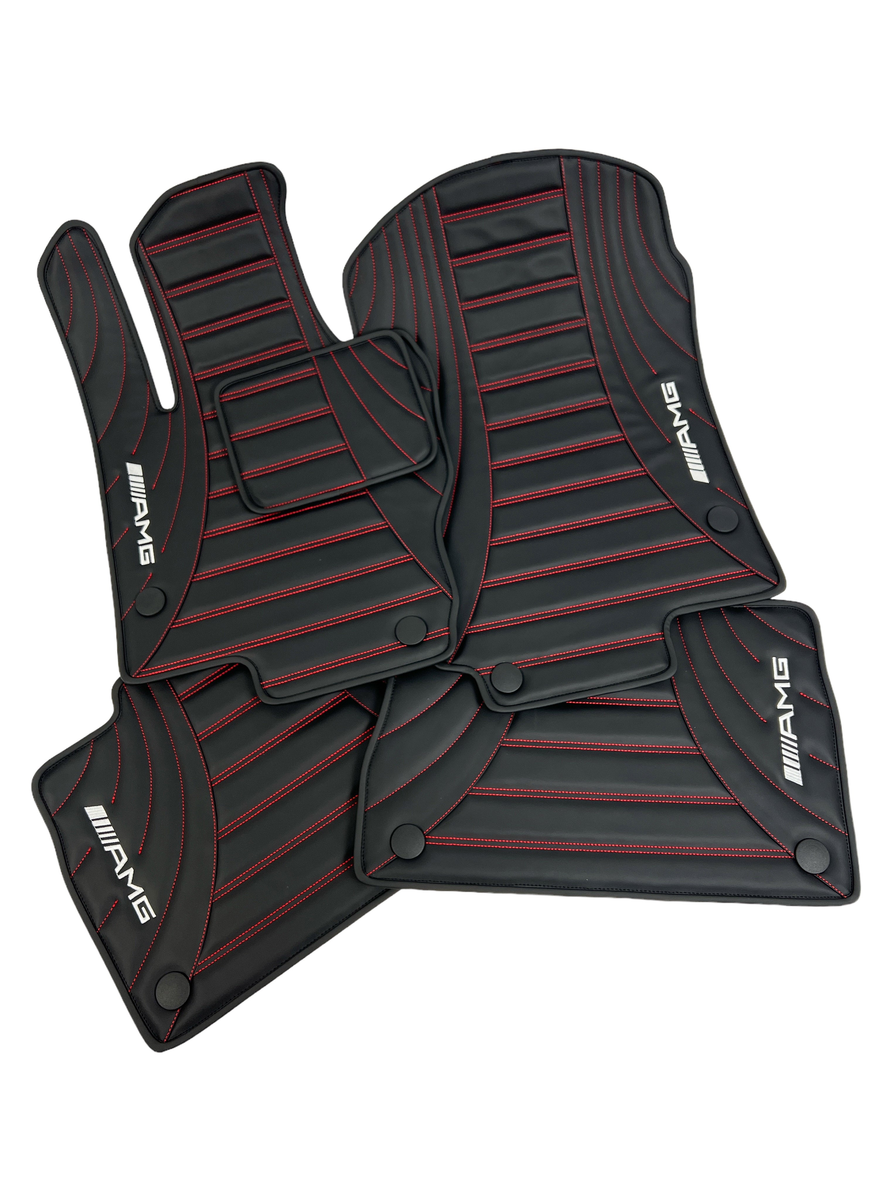 Car Floor Mats in "Figure Double Lines" Design Black with Red Stitching